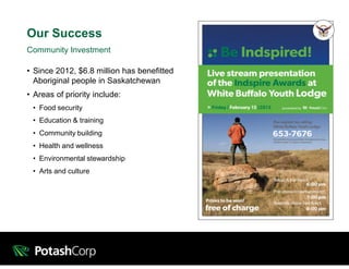 • Since 2012, $6.8 million has benefitted
Aboriginal people in Saskatchewan
• Areas of priority include:
• Food security
• Education & training
• Community building
• Health and wellness
• Environmental stewardship
• Arts and culture
Community Investment
Our Success
 