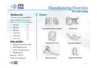 Machines List
Aluminum Die Casting (HPDC) :
Total 19 machines in operation,
with individual melting furnace.
•  350 Tons x 2
•  560 Tons x 2
•  900 Tons x 7
•  1,650 Tons x 1
•  1,850 Tons x 1
•  2,500 Tons x 6
Other facilities
•  Design & Simulation Center
•  Mold Manufacturing
•  Leak test & Impregnation
•  Metallurgy lab
Materials : ADC12
(100% Local suppliers)
§  Products
Manufacturing Overview
P.C.S.DieCasting
9
Camshaft Housing Assembly Crank Cases
Accessories Bracket
Oil Cooler Cover
Timing Gears Cases
Compressor Bracket
 