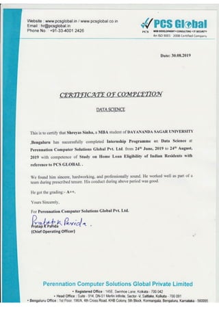 PCS Global Internship Completion Certificate