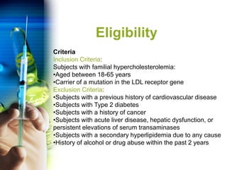 Eligibility
Criteria
Inclusion Criteria:
Subjects with familial hypercholesterolemia:
•Aged between 18-65 years
•Carrier of a mutation in the LDL receptor gene
Exclusion Criteria:
•Subjects with a previous history of cardiovascular disease
•Subjects with Type 2 diabetes
•Subjects with a history of cancer
•Subjects with acute liver disease, hepatic dysfunction, or
persistent elevations of serum transaminases
•Subjects with a secondary hyperlipidemia due to any cause
•History of alcohol or drug abuse within the past 2 years
 