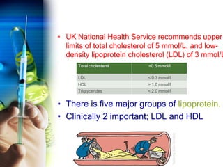 • UK National Health Service recommends upper
limits of total cholesterol of 5 mmol/L, and low-
density lipoprotein cholesterol (LDL) of 3 mmol/L
• There is five major groups of lipoprotein.
• Clinically 2 important; LDL and HDL
 