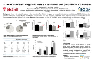 PCSK9 loss-of-function genetic variant is associated with pre-diabetes and diabetes
Background- Recent meta-analysis have shown a dose-dependent effect of statins therapy on the increased incidence of new-onset diabetes. PCSK9 inhibitors are the
emerging lipid lowering therapies. PCSK9 loss-of-function (LOF) mutations have been associated with low LDL-C and cardiovascular risk but their impact on glucose
homeostasis and the risk of diabetes is still unclear. Objective- We investigated the effect of PCSK9 LOF variant on the incidence of pre-diabetes and diabetes.
YG Luna Saavedra1,2, R Dufour2, A Baass1,2
1Department of Medicine, Division of Experimental Medicine, McGill University;
2Nutrition, Metabolism and Atherosclerosis Clinic, Institut de Recherches Cliniques de Montréal (Québec,
Canada)
Higher frequency of diabetes/prediabetes in InsLEU-carriers
Genetic variation frequency in a Familial Hypercholesterolemia
cohort. (A) LDLR and (B) PCSK9 gene variations.
Lower frequency of coronary events in InsLEU-carriers.
(Coronary events: myocardial infarction, angina, PTCA/stenting and
CABG surgery)
.
Conclusions :
Funding:
FH individuals carrying the PCSK9-InsLEU genetic
variant benefit of lower risk of coronary events but,
show an increased occurrence of pre-diabetes and
diabetes. In light of these results, further investigation
is needed to better understand the potential long-
term metabolic effects of the new PCSK9-lowering
therapies and the risk of new-onset diabetes.
Fondation Leducq Transatlantic
Network of Excellence
Patients characteristics. (n) indicate the number of patients
*median (ITQ)
Glucose & Impaired fasting glucose assessment in InsLEU-
carriers.
 