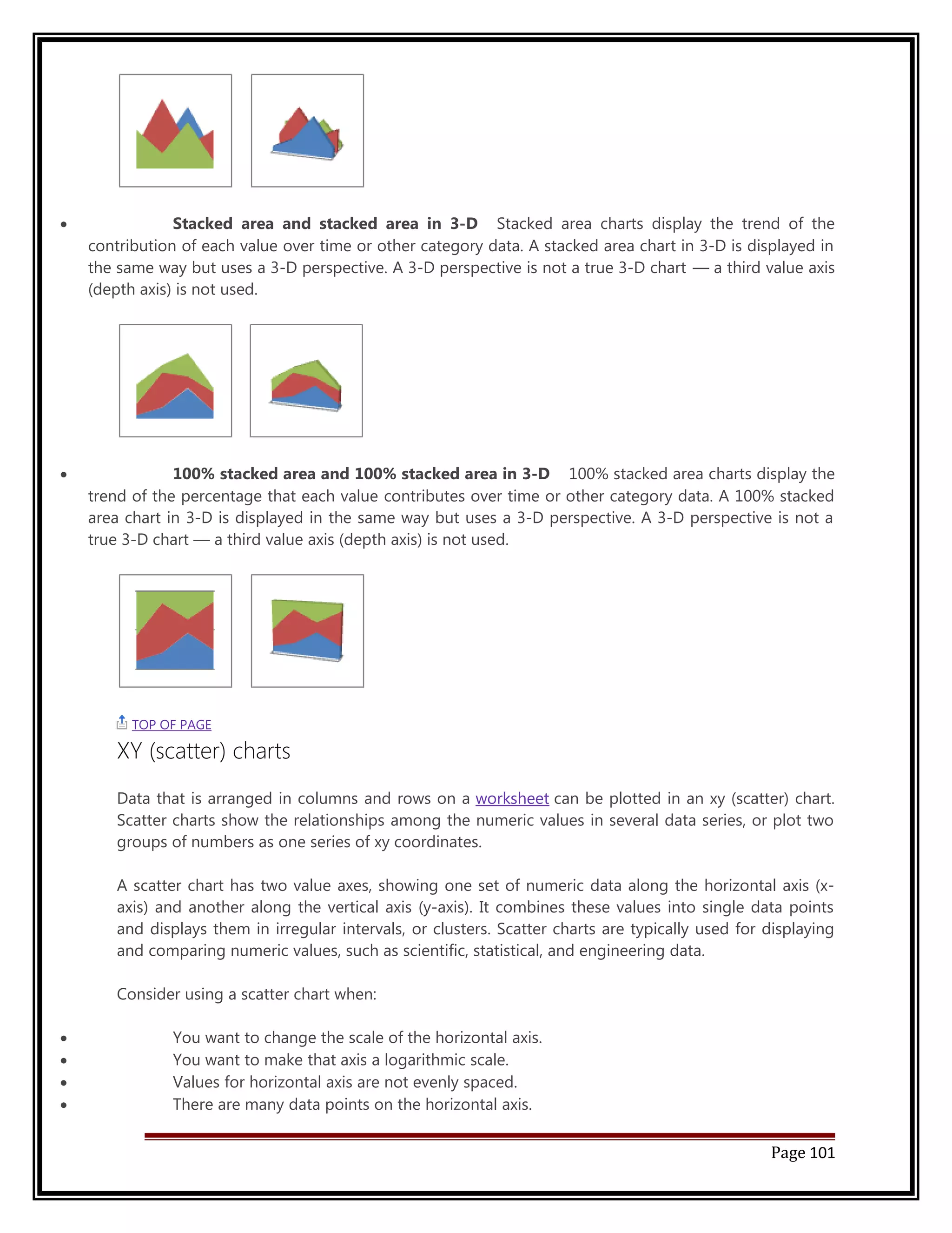 · Stacked area and stacked area in 3-D Stacked area charts display the trend of the 
contribution of each value over time or other category data. A stacked area chart in 3-D is displayed in 
the same way but uses a 3-D perspective. A 3-D perspective is not a true 3-D chart — a third value axis 
(depth axis) is not used. 
· 100% stacked area and 100% stacked area in 3-D 100% stacked area charts display the 
trend of the percentage that each value contributes over time or other category data. A 100% stacked 
area chart in 3-D is displayed in the same way but uses a 3-D perspective. A 3-D perspective is not a 
true 3-D chart — a third value axis (depth axis) is not used. 
TOP OF PAGE 
XY (scatter) charts 
Data that is arranged in columns and rows on a worksheet can be plotted in an xy (scatter) chart. 
Scatter charts show the relationships among the numeric values in several data series, or plot two 
groups of numbers as one series of xy coordinates. 
A scatter chart has two value axes, showing one set of numeric data along the horizontal axis (x-axis) 
and another along the vertical axis (y-axis). It combines these values into single data points 
and displays them in irregular intervals, or clusters. Scatter charts are typically used for displaying 
and comparing numeric values, such as scientific, statistical, and engineering data. 
Consider using a scatter chart when: 
· You want to change the scale of the horizontal axis. 
· You want to make that axis a logarithmic scale. 
· Values for horizontal axis are not evenly spaced. 
· There are many data points on the horizontal axis. 
Page 101 
 
