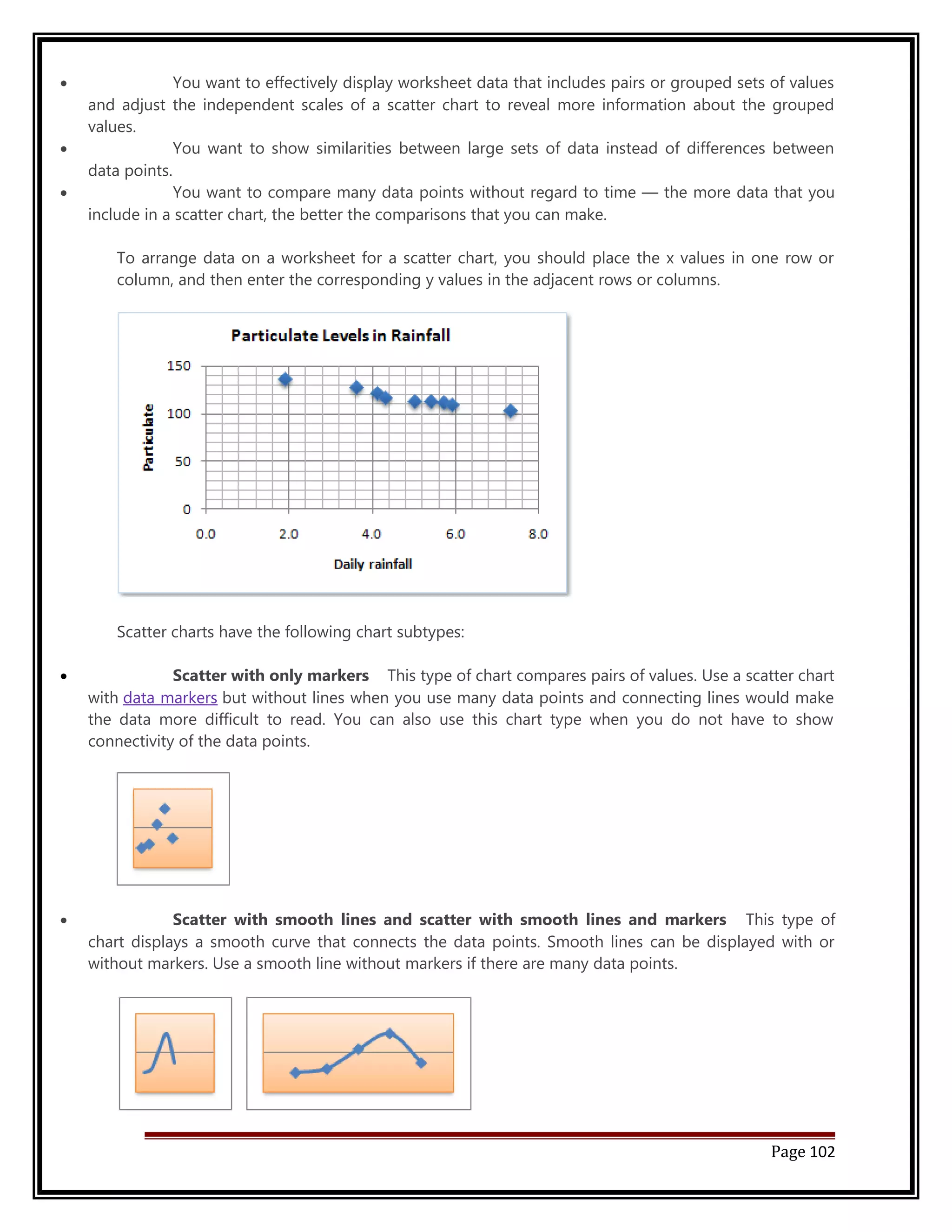 · You want to effectively display worksheet data that includes pairs or grouped sets of values 
and adjust the independent scales of a scatter chart to reveal more information about the grouped 
values. 
· You want to show similarities between large sets of data instead of differences between 
data points. 
· You want to compare many data points without regard to time — the more data that you 
include in a scatter chart, the better the comparisons that you can make. 
To arrange data on a worksheet for a scatter chart, you should place the x values in one row or 
column, and then enter the corresponding y values in the adjacent rows or columns. 
Scatter charts have the following chart subtypes: 
· Scatter with only markers This type of chart compares pairs of values. Use a scatter chart 
with data markers but without lines when you use many data points and connecting lines would make 
the data more difficult to read. You can also use this chart type when you do not have to show 
connectivity of the data points. 
· Scatter with smooth lines and scatter with smooth lines and markers This type of 
chart displays a smooth curve that connects the data points. Smooth lines can be displayed with or 
without markers. Use a smooth line without markers if there are many data points. 
Page 102 
 