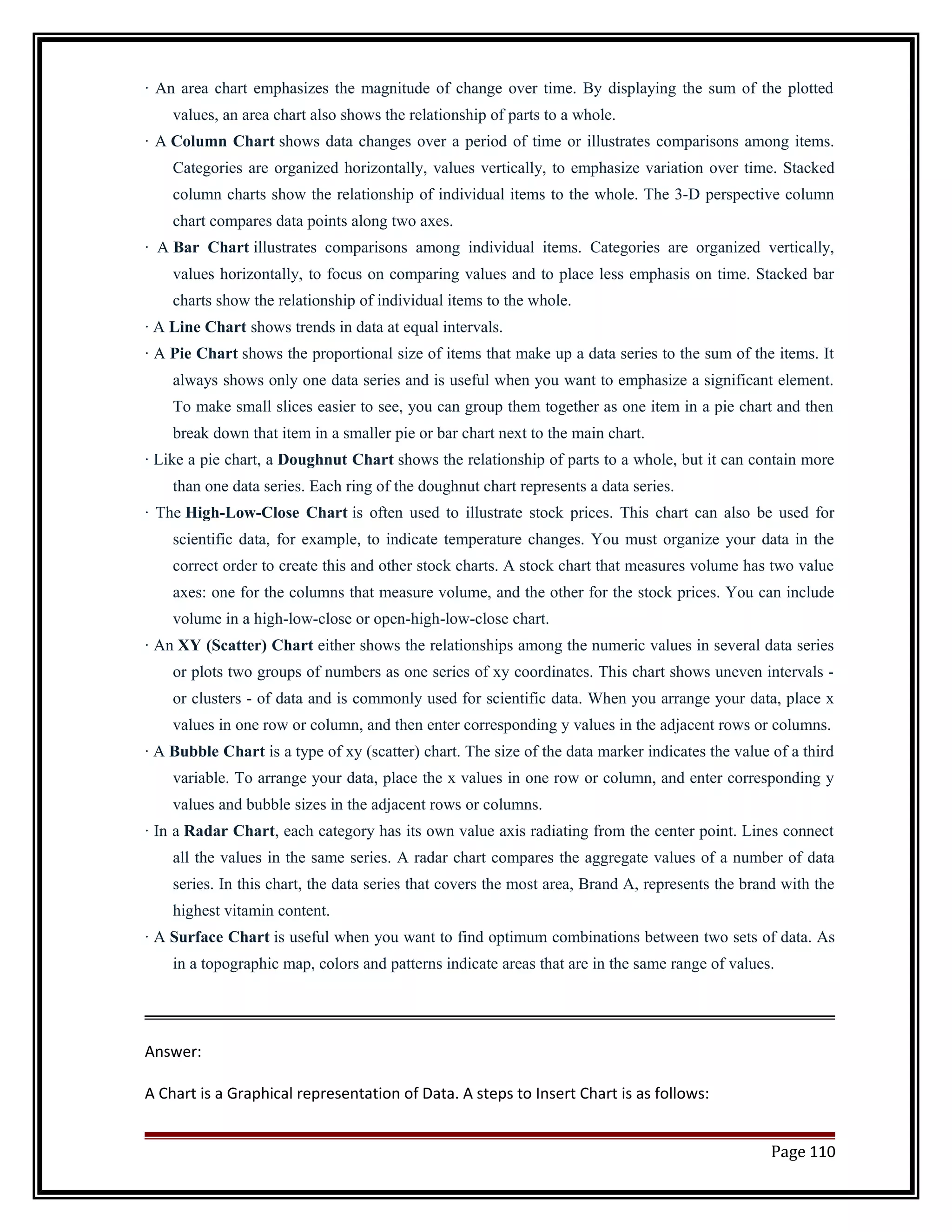 · An area chart emphasizes the magnitude of change over time. By displaying the sum of the plotted 
values, an area chart also shows the relationship of parts to a whole. 
· A Column Chart shows data changes over a period of time or illustrates comparisons among items. 
Categories are organized horizontally, values vertically, to emphasize variation over time. Stacked 
column charts show the relationship of individual items to the whole. The 3-D perspective column 
chart compares data points along two axes. 
· A Bar Chart illustrates comparisons among individual items. Categories are organized vertically, 
values horizontally, to focus on comparing values and to place less emphasis on time. Stacked bar 
charts show the relationship of individual items to the whole. 
· A Line Chart shows trends in data at equal intervals. 
· A Pie Chart shows the proportional size of items that make up a data series to the sum of the items. It 
always shows only one data series and is useful when you want to emphasize a significant element. 
To make small slices easier to see, you can group them together as one item in a pie chart and then 
break down that item in a smaller pie or bar chart next to the main chart. 
· Like a pie chart, a Doughnut Chart shows the relationship of parts to a whole, but it can contain more 
than one data series. Each ring of the doughnut chart represents a data series. 
· The High-Low-Close Chart is often used to illustrate stock prices. This chart can also be used for 
scientific data, for example, to indicate temperature changes. You must organize your data in the 
correct order to create this and other stock charts. A stock chart that measures volume has two value 
axes: one for the columns that measure volume, and the other for the stock prices. You can include 
volume in a high-low-close or open-high-low-close chart. 
· An XY (Scatter) Chart either shows the relationships among the numeric values in several data series 
or plots two groups of numbers as one series of xy coordinates. This chart shows uneven intervals - 
or clusters - of data and is commonly used for scientific data. When you arrange your data, place x 
values in one row or column, and then enter corresponding y values in the adjacent rows or columns. 
· A Bubble Chart is a type of xy (scatter) chart. The size of the data marker indicates the value of a third 
variable. To arrange your data, place the x values in one row or column, and enter corresponding y 
values and bubble sizes in the adjacent rows or columns. 
· In a Radar Chart, each category has its own value axis radiating from the center point. Lines connect 
all the values in the same series. A radar chart compares the aggregate values of a number of data 
series. In this chart, the data series that covers the most area, Brand A, represents the brand with the 
highest vitamin content. 
· A Surface Chart is useful when you want to find optimum combinations between two sets of data. As 
in a topographic map, colors and patterns indicate areas that are in the same range of values. 
Answer: 
A Chart is a Graphical representation of Data. A steps to Insert Chart is as follows: 
Page 110 
 