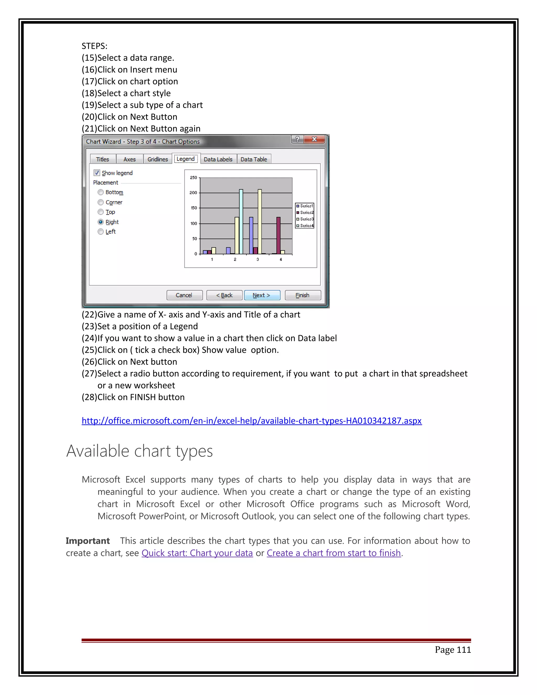 STEPS: 
(15)Select a data range. 
(16)Click on Insert menu 
(17)Click on chart option 
(18)Select a chart style 
(19)Select a sub type of a chart 
(20)Click on Next Button 
(21)Click on Next Button again 
(22)Give a name of X- axis and Y-axis and Title of a chart 
(23)Set a position of a Legend 
(24)If you want to show a value in a chart then click on Data label 
(25)Click on ( tick a check box) Show value option. 
(26)Click on Next button 
(27)Select a radio button according to requirement, if you want to put a chart in that spreadsheet 
or a new worksheet 
(28)Click on FINISH button 
http://office.microsoft.com/en-in/excel-help/available-chart-types-HA010342187.aspx 
Available chart types 
Microsoft Excel supports many types of charts to help you display data in ways that are 
meaningful to your audience. When you create a chart or change the type of an existing 
chart in Microsoft Excel or other Microsoft Office programs such as Microsoft Word, 
Microsoft PowerPoint, or Microsoft Outlook, you can select one of the following chart types. 
Important This article describes the chart types that you can use. For information about how to 
create a chart, see Quick start: Chart your data or Create a chart from start to finish. 
Page 111 
 