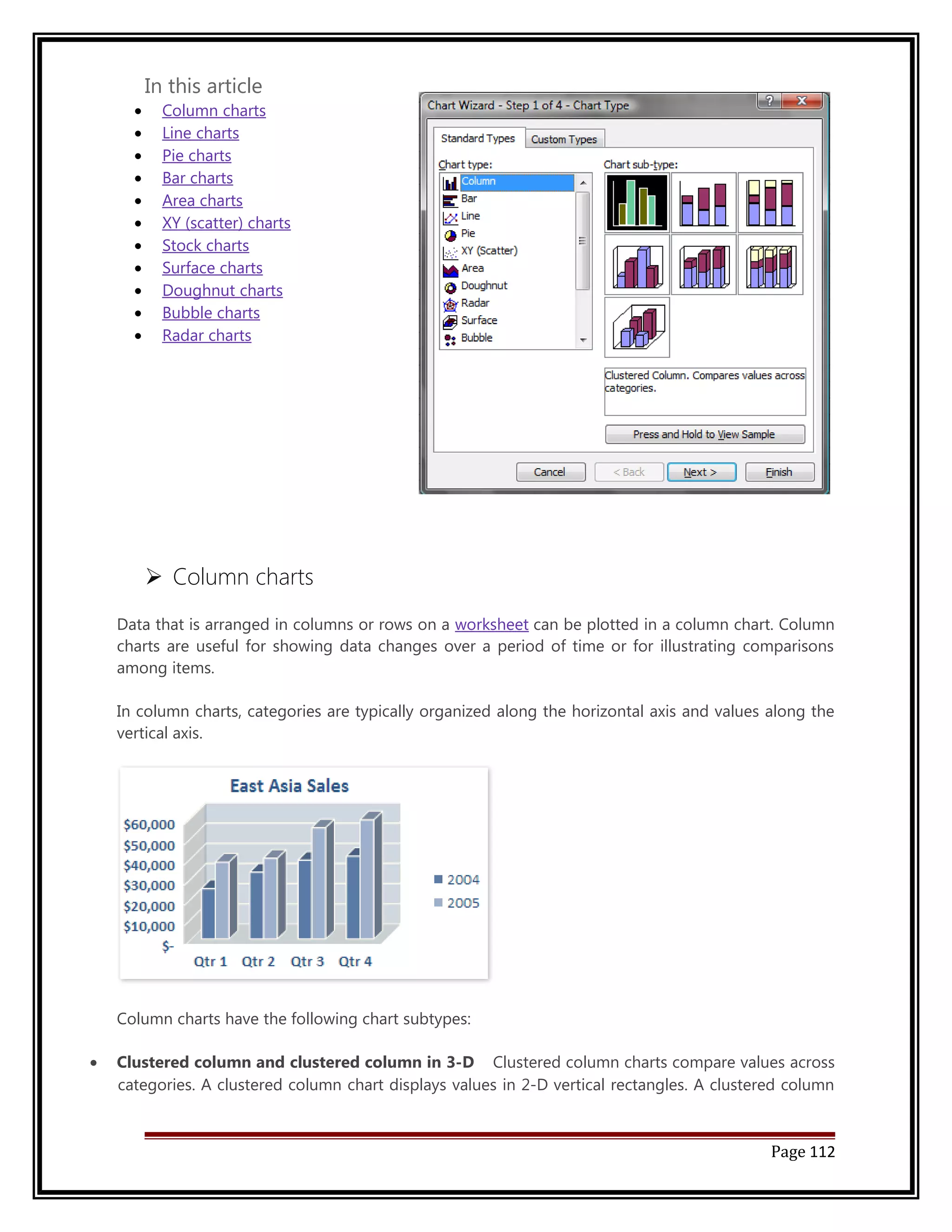 In this article 
· Column charts 
· Line charts 
· Pie charts 
· Bar charts 
· Area charts 
· XY (scatter) charts 
· Stock charts 
· Surface charts 
· Doughnut charts 
· Bubble charts 
· Radar charts 
 Column charts 
Data that is arranged in columns or rows on a worksheet can be plotted in a column chart. Column 
charts are useful for showing data changes over a period of time or for illustrating comparisons 
among items. 
In column charts, categories are typically organized along the horizontal axis and values along the 
vertical axis. 
Column charts have the following chart subtypes: 
· Clustered column and clustered column in 3-D Clustered column charts compare values across 
categories. A clustered column chart displays values in 2-D vertical rectangles. A clustered column 
Page 112 
 