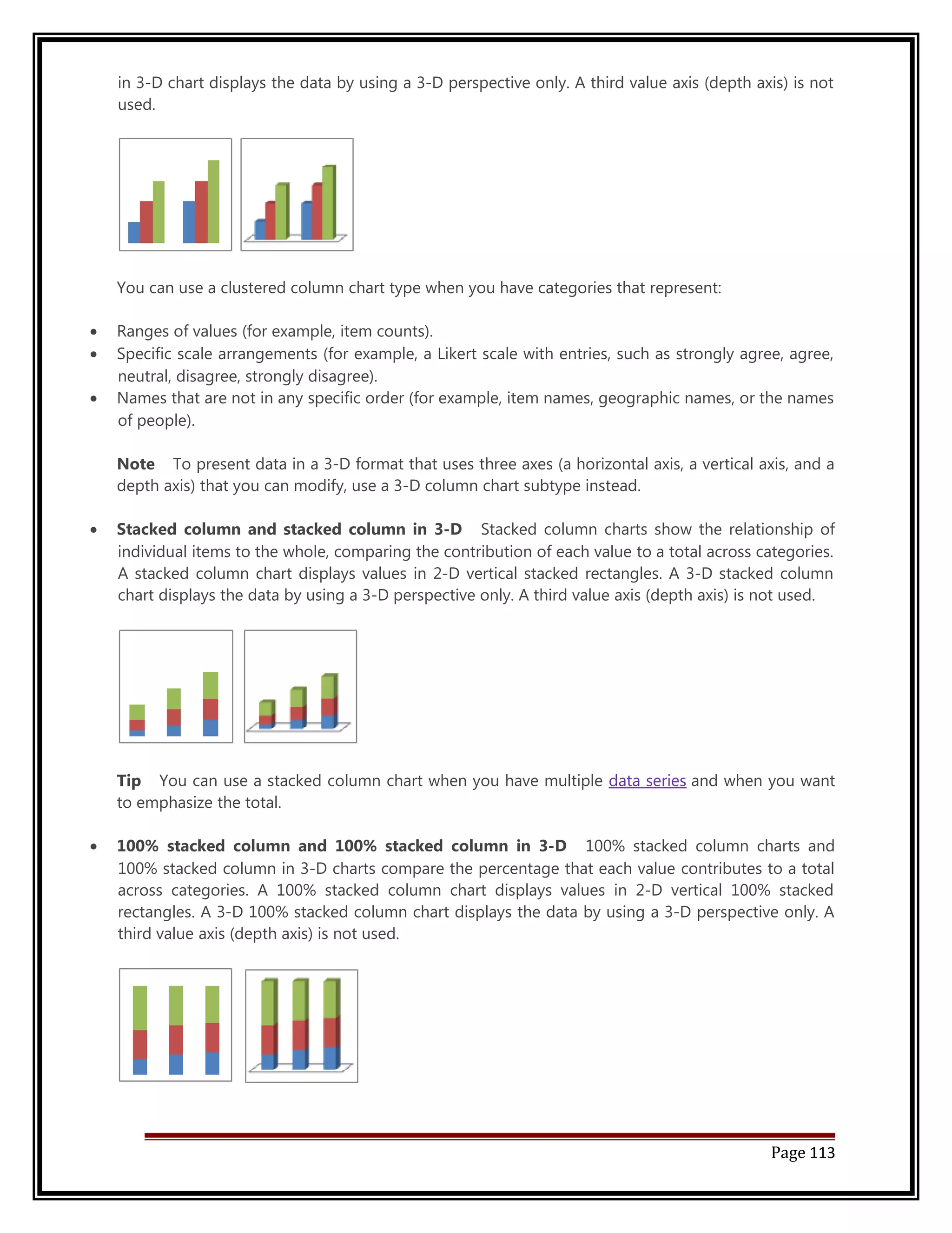 in 3-D chart displays the data by using a 3-D perspective only. A third value axis (depth axis) is not 
used. 
You can use a clustered column chart type when you have categories that represent: 
· Ranges of values (for example, item counts). 
· Specific scale arrangements (for example, a Likert scale with entries, such as strongly agree, agree, 
neutral, disagree, strongly disagree). 
· Names that are not in any specific order (for example, item names, geographic names, or the names 
of people). 
Note To present data in a 3-D format that uses three axes (a horizontal axis, a vertical axis, and a 
depth axis) that you can modify, use a 3-D column chart subtype instead. 
· Stacked column and stacked column in 3-D Stacked column charts show the relationship of 
individual items to the whole, comparing the contribution of each value to a total across categories. 
A stacked column chart displays values in 2-D vertical stacked rectangles. A 3-D stacked column 
chart displays the data by using a 3-D perspective only. A third value axis (depth axis) is not used. 
Tip You can use a stacked column chart when you have multiple data series and when you want 
to emphasize the total. 
· 100% stacked column and 100% stacked column in 3-D 100% stacked column charts and 
100% stacked column in 3-D charts compare the percentage that each value contributes to a total 
across categories. A 100% stacked column chart displays values in 2-D vertical 100% stacked 
rectangles. A 3-D 100% stacked column chart displays the data by using a 3-D perspective only. A 
third value axis (depth axis) is not used. 
Page 113 
 