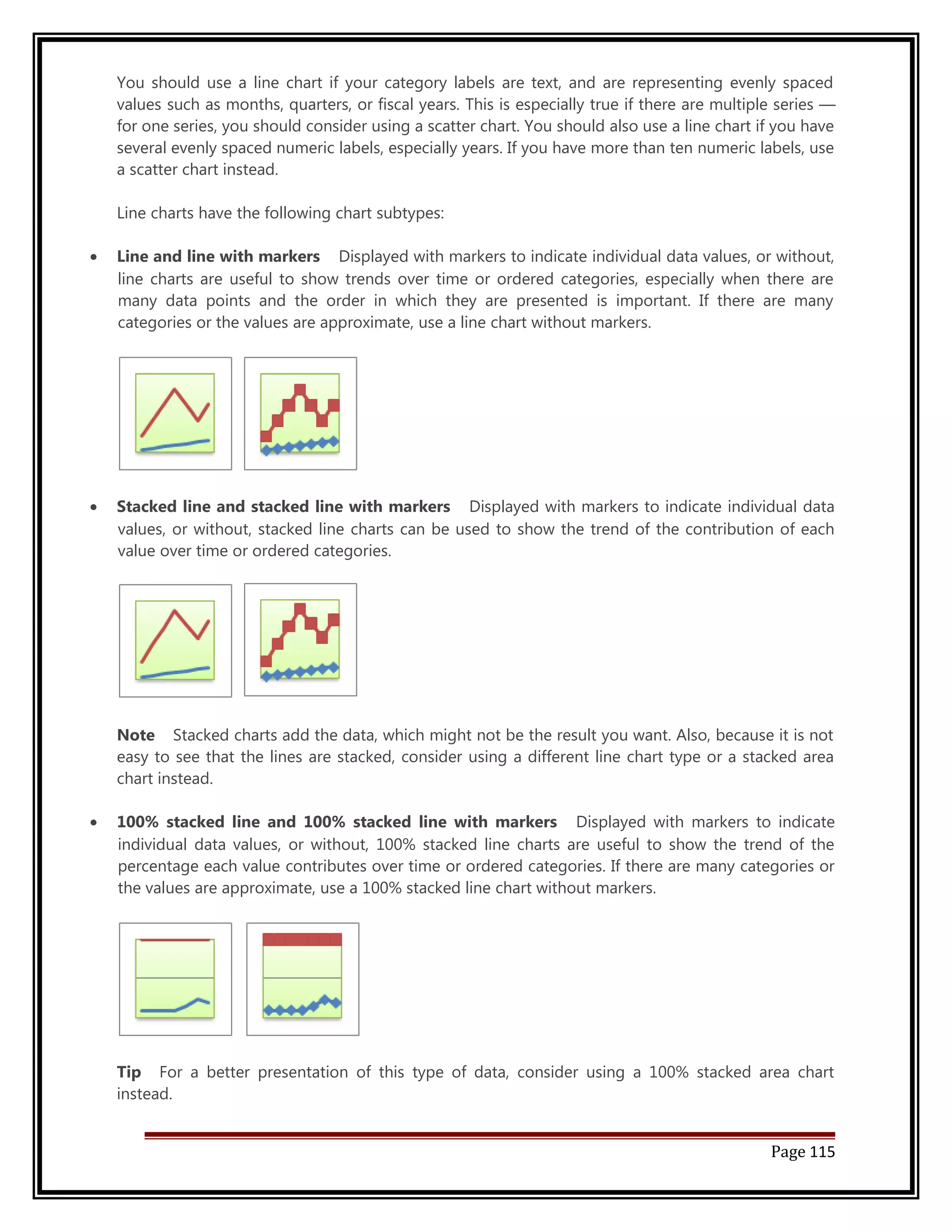 You should use a line chart if your category labels are text, and are representing evenly spaced 
values such as months, quarters, or fiscal years. This is especially true if there are multiple series — 
for one series, you should consider using a scatter chart. You should also use a line chart if you have 
several evenly spaced numeric labels, especially years. If you have more than ten numeric labels, use 
a scatter chart instead. 
Line charts have the following chart subtypes: 
· Line and line with markers Displayed with markers to indicate individual data values, or without, 
line charts are useful to show trends over time or ordered categories, especially when there are 
many data points and the order in which they are presented is important. If there are many 
categories or the values are approximate, use a line chart without markers. 
· Stacked line and stacked line with markers Displayed with markers to indicate individual data 
values, or without, stacked line charts can be used to show the trend of the contribution of each 
value over time or ordered categories. 
Note Stacked charts add the data, which might not be the result you want. Also, because it is not 
easy to see that the lines are stacked, consider using a different line chart type or a stacked area 
chart instead. 
· 100% stacked line and 100% stacked line with markers Displayed with markers to indicate 
individual data values, or without, 100% stacked line charts are useful to show the trend of the 
percentage each value contributes over time or ordered categories. If there are many categories or 
the values are approximate, use a 100% stacked line chart without markers. 
Tip For a better presentation of this type of data, consider using a 100% stacked area chart 
instead. 
Page 115 
 