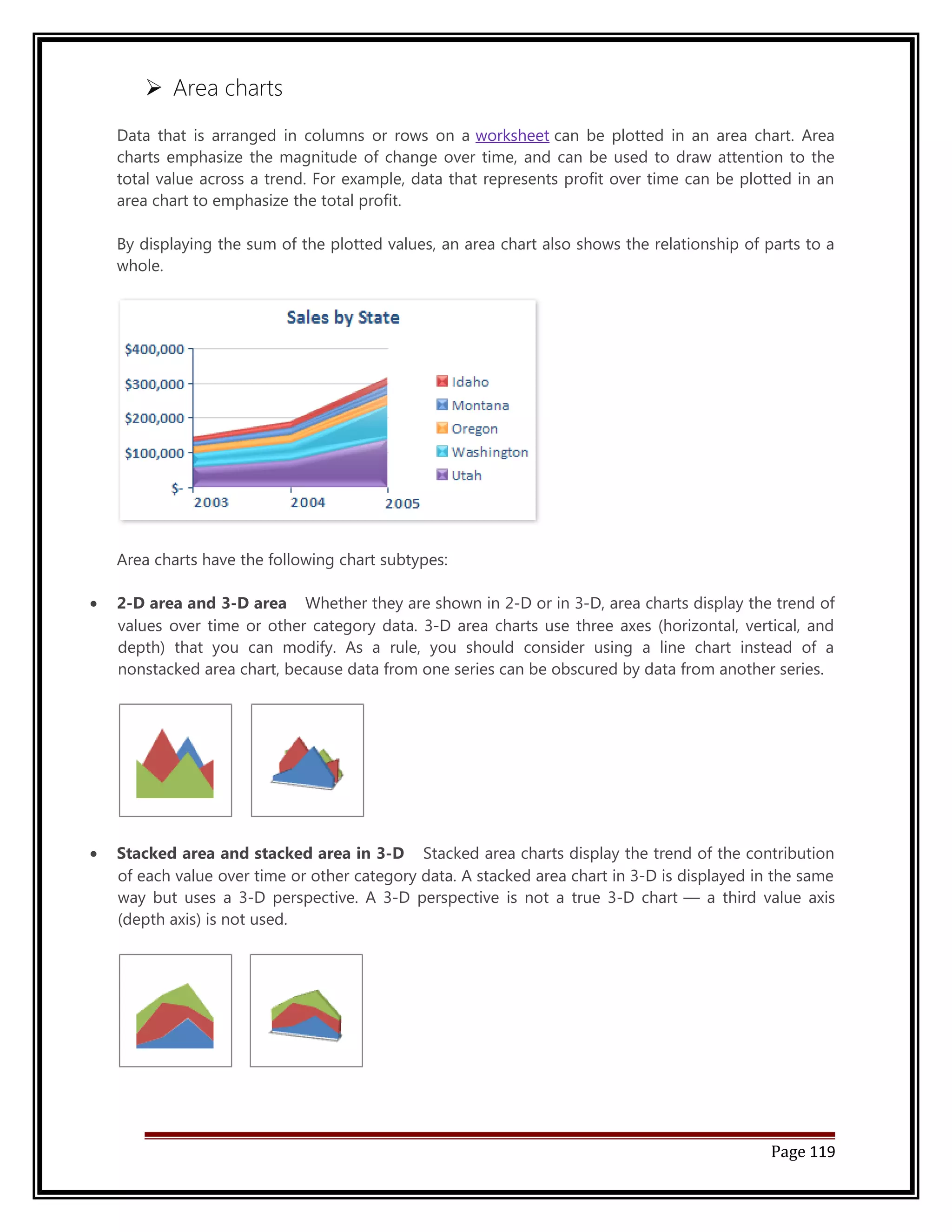  Area charts 
Data that is arranged in columns or rows on a worksheet can be plotted in an area chart. Area 
charts emphasize the magnitude of change over time, and can be used to draw attention to the 
total value across a trend. For example, data that represents profit over time can be plotted in an 
area chart to emphasize the total profit. 
By displaying the sum of the plotted values, an area chart also shows the relationship of parts to a 
whole. 
Area charts have the following chart subtypes: 
· 2-D area and 3-D area Whether they are shown in 2-D or in 3-D, area charts display the trend of 
values over time or other category data. 3-D area charts use three axes (horizontal, vertical, and 
depth) that you can modify. As a rule, you should consider using a line chart instead of a 
nonstacked area chart, because data from one series can be obscured by data from another series. 
· Stacked area and stacked area in 3-D Stacked area charts display the trend of the contribution 
of each value over time or other category data. A stacked area chart in 3-D is displayed in the same 
way but uses a 3-D perspective. A 3-D perspective is not a true 3-D chart — a third value axis 
(depth axis) is not used. 
Page 119 
 