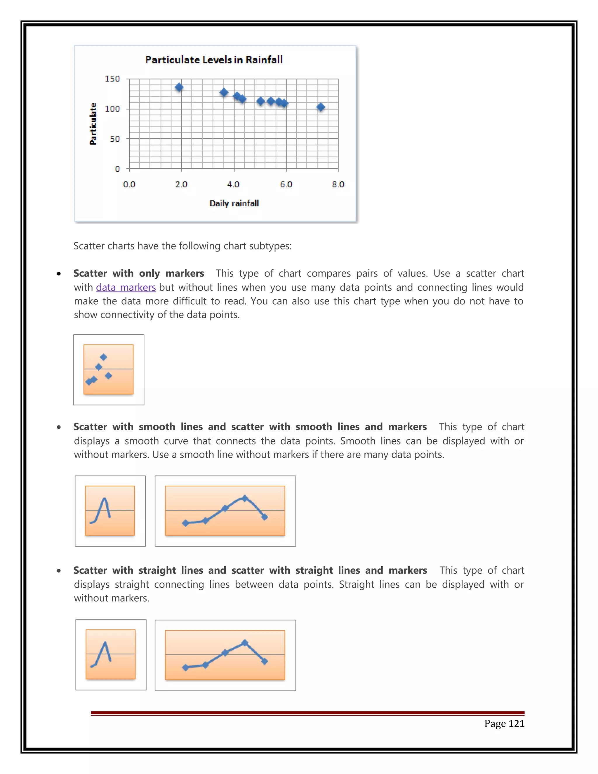 Scatter charts have the following chart subtypes: 
· Scatter with only markers This type of chart compares pairs of values. Use a scatter chart 
with data markers but without lines when you use many data points and connecting lines would 
make the data more difficult to read. You can also use this chart type when you do not have to 
show connectivity of the data points. 
· Scatter with smooth lines and scatter with smooth lines and markers This type of chart 
displays a smooth curve that connects the data points. Smooth lines can be displayed with or 
without markers. Use a smooth line without markers if there are many data points. 
· Scatter with straight lines and scatter with straight lines and markers This type of chart 
displays straight connecting lines between data points. Straight lines can be displayed with or 
without markers. 
Page 121 
 