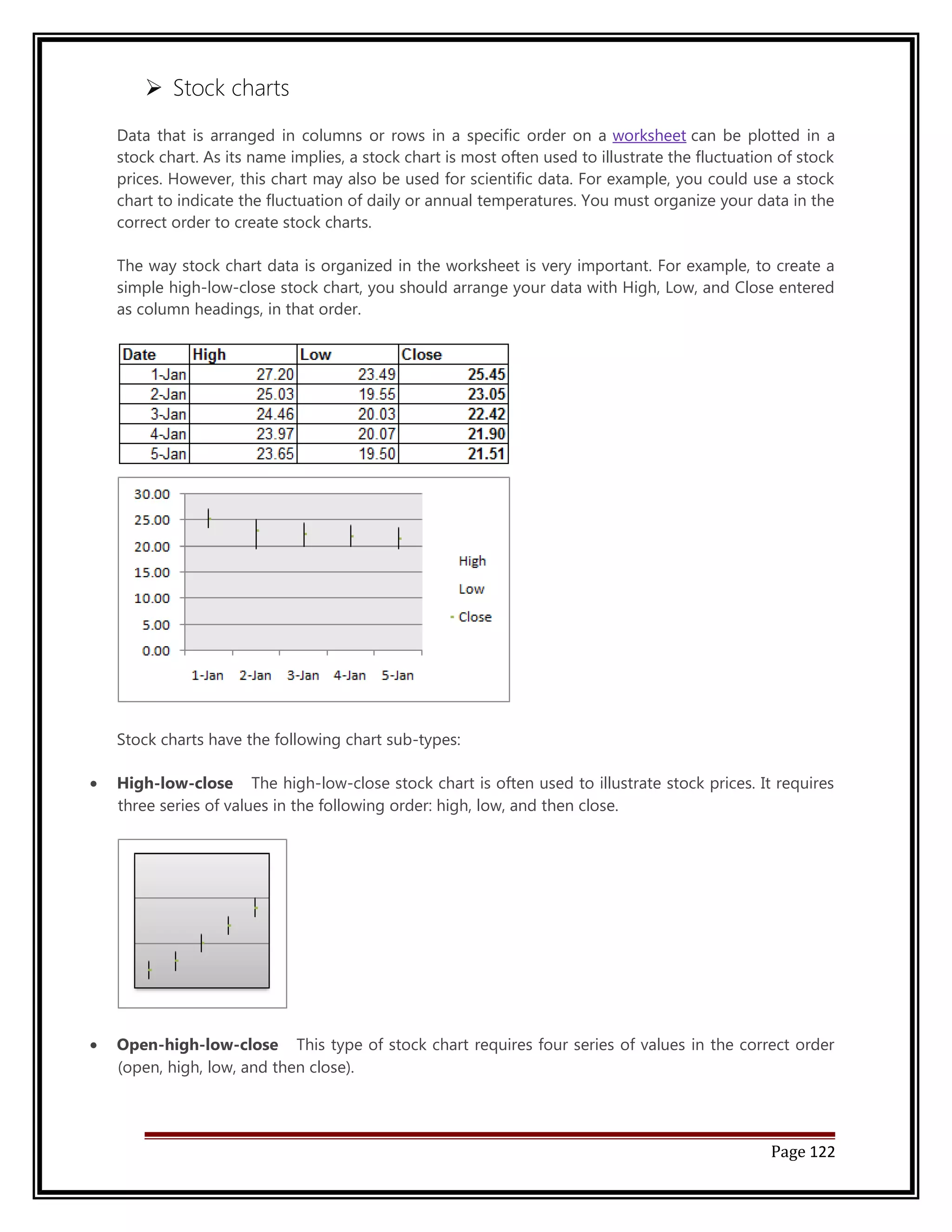  Stock charts 
Data that is arranged in columns or rows in a specific order on a worksheet can be plotted in a 
stock chart. As its name implies, a stock chart is most often used to illustrate the fluctuation of stock 
prices. However, this chart may also be used for scientific data. For example, you could use a stock 
chart to indicate the fluctuation of daily or annual temperatures. You must organize your data in the 
correct order to create stock charts. 
The way stock chart data is organized in the worksheet is very important. For example, to create a 
simple high-low-close stock chart, you should arrange your data with High, Low, and Close entered 
as column headings, in that order. 
Stock charts have the following chart sub-types: 
· High-low-close The high-low-close stock chart is often used to illustrate stock prices. It requires 
three series of values in the following order: high, low, and then close. 
· Open-high-low-close This type of stock chart requires four series of values in the correct order 
(open, high, low, and then close). 
Page 122 
 