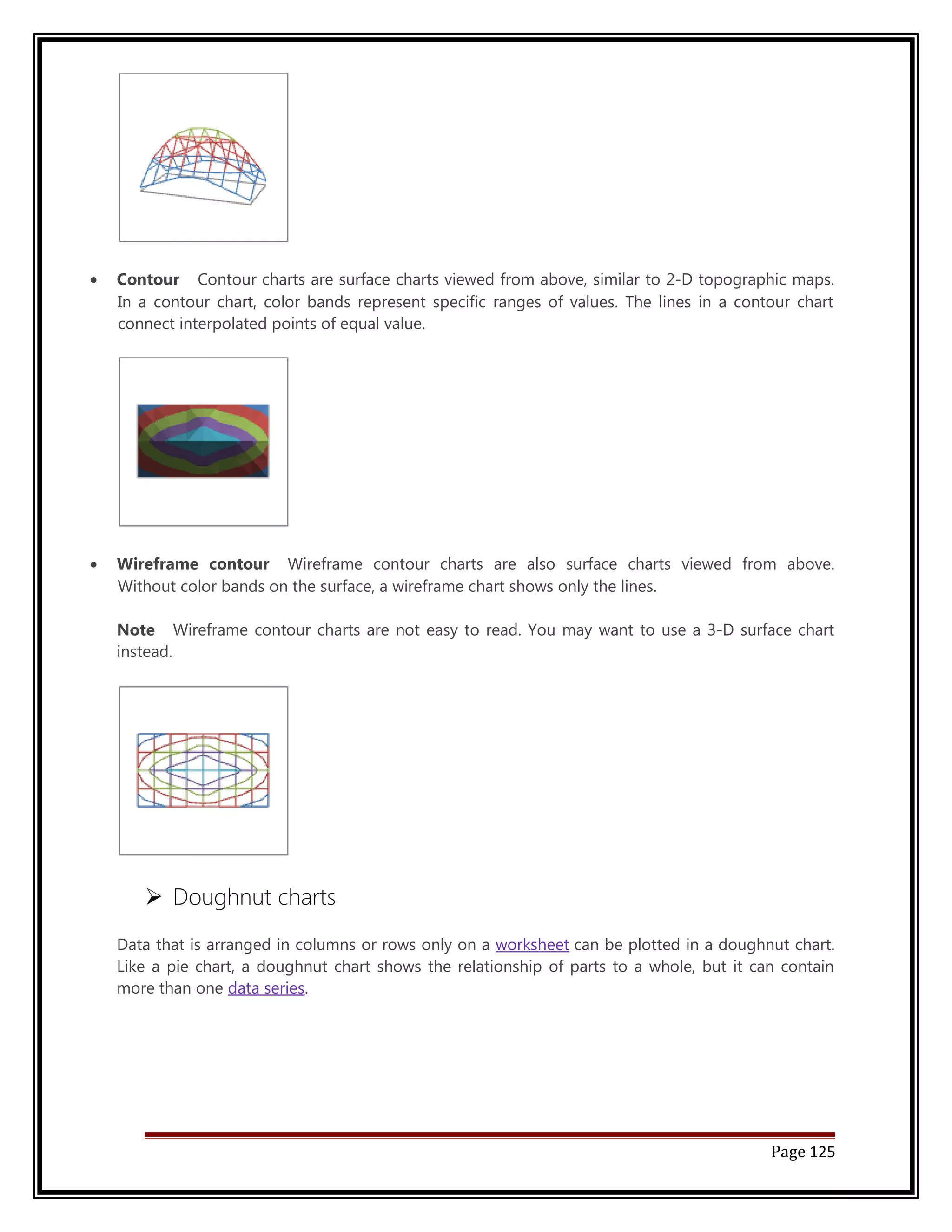 · Contour Contour charts are surface charts viewed from above, similar to 2-D topographic maps. 
In a contour chart, color bands represent specific ranges of values. The lines in a contour chart 
connect interpolated points of equal value. 
· Wireframe contour Wireframe contour charts are also surface charts viewed from above. 
Without color bands on the surface, a wireframe chart shows only the lines. 
Note Wireframe contour charts are not easy to read. You may want to use a 3-D surface chart 
instead. 
 Doughnut charts 
Data that is arranged in columns or rows only on a worksheet can be plotted in a doughnut chart. 
Like a pie chart, a doughnut chart shows the relationship of parts to a whole, but it can contain 
more than one data series. 
Page 125 
 