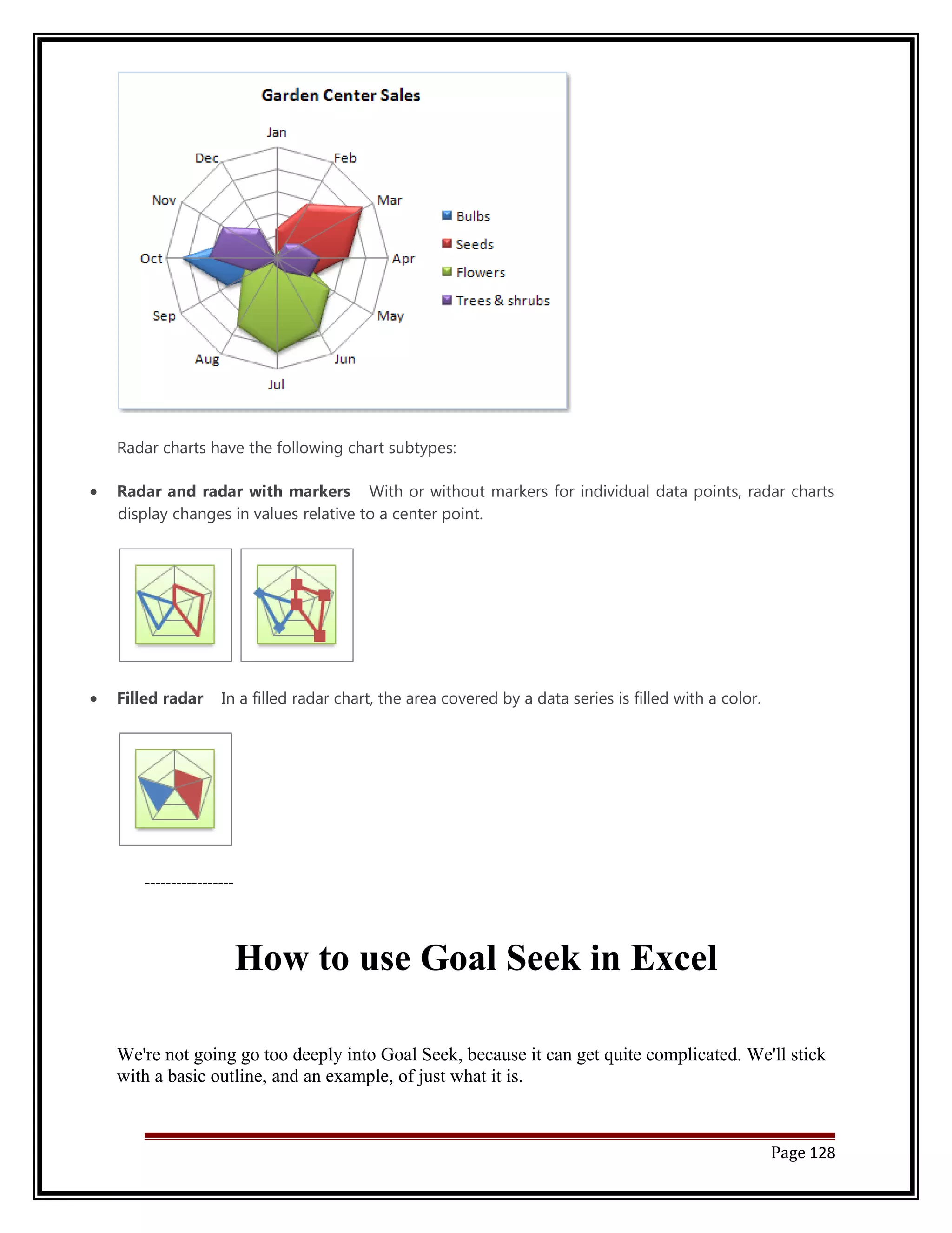 Radar charts have the following chart subtypes: 
· Radar and radar with markers With or without markers for individual data points, radar charts 
display changes in values relative to a center point. 
· Filled radar In a filled radar chart, the area covered by a data series is filled with a color. 
----------------- 
How to use Goal Seek in Excel 
We're not going go too deeply into Goal Seek, because it can get quite complicated. We'll stick 
with a basic outline, and an example, of just what it is. 
Page 128 
 