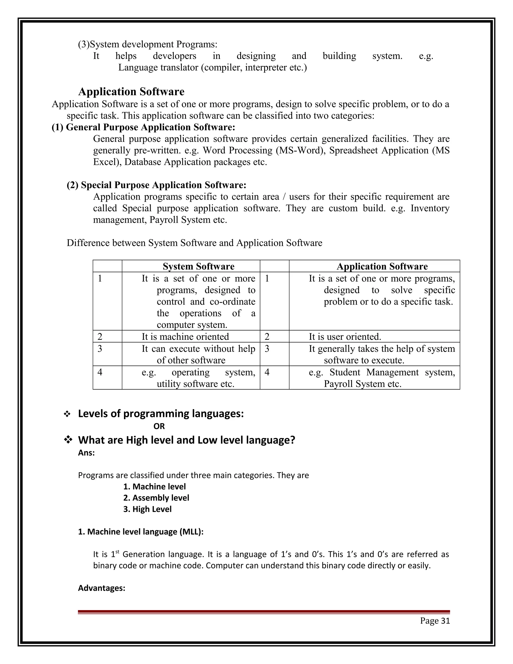 (3)System development Programs: 
It helps developers in designing and building system. e.g. 
Language translator (compiler, interpreter etc.) 
Application Software 
Application Software is a set of one or more programs, design to solve specific problem, or to do a 
specific task. This application software can be classified into two categories: 
(1) General Purpose Application Software: 
General purpose application software provides certain generalized facilities. They are 
generally pre-written. e.g. Word Processing (MS-Word), Spreadsheet Application (MS 
Excel), Database Application packages etc. 
(2) Special Purpose Application Software: 
Application programs specific to certain area / users for their specific requirement are 
called Special purpose application software. They are custom build. e.g. Inventory 
management, Payroll System etc. 
Difference between System Software and Application Software 
System Software Application Software 
1 It is a set of one or more 
programs, designed to 
control and co-ordinate 
the operations of a 
computer system. 
1 It is a set of one or more programs, 
designed to solve specific 
problem or to do a specific task. 
2 It is machine oriented 2 It is user oriented. 
3 It can execute without help 
of other software 
3 It generally takes the help of system 
software to execute. 
4 e.g. operating system, 
utility software etc. 
4 e.g. Student Management system, 
Payroll System etc. 
 Levels of programming languages: 
OR 
 What are High level and Low level language? 
Ans: 
Programs are classified under three main categories. They are 
1. Machine level 
2. Assembly level 
3. High Level 
1. Machine level language (MLL): 
It is 1st Generation language. It is a language of 1’s and 0’s. This 1’s and 0’s are referred as 
binary code or machine code. Computer can understand this binary code directly or easily. 
Advantages: 
Page 31 
 