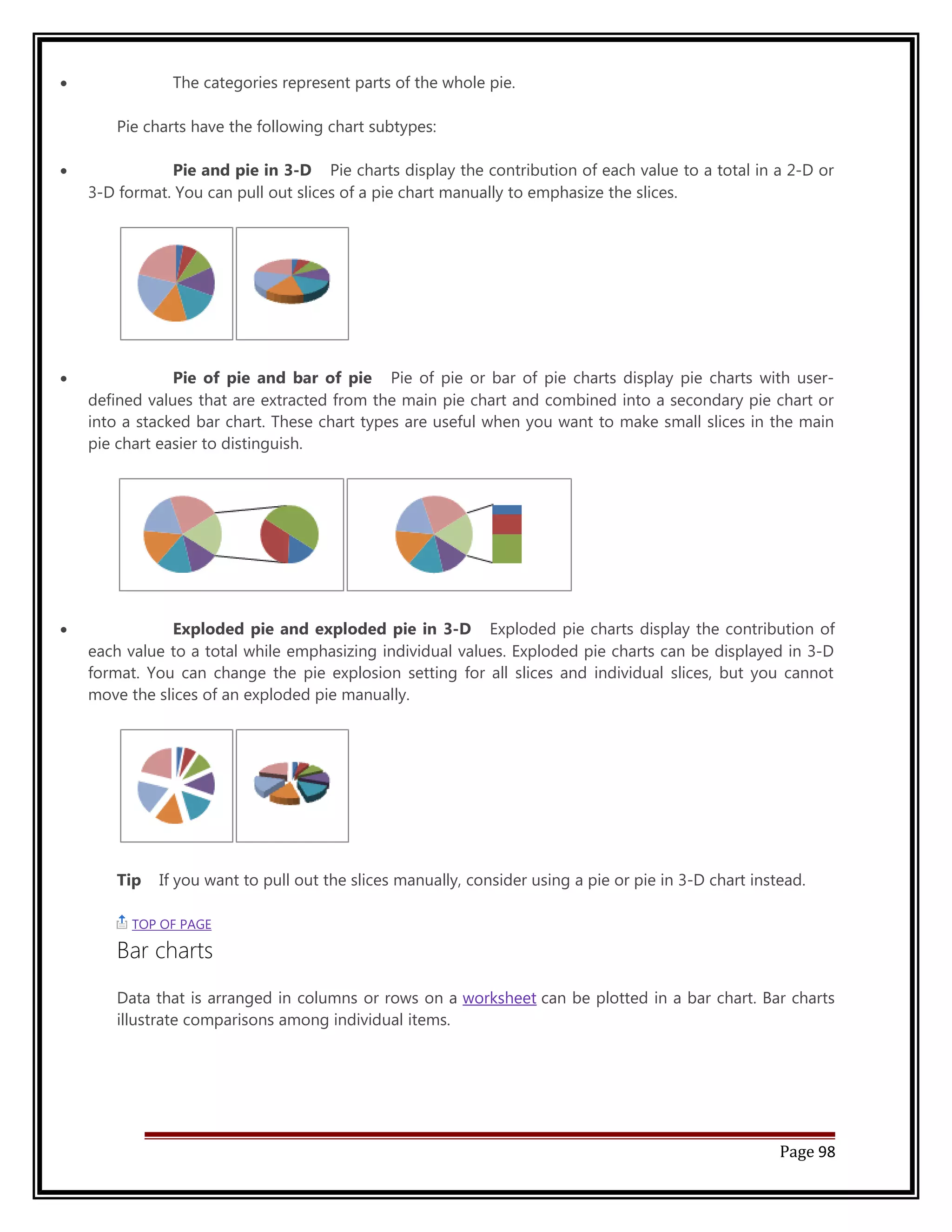 · The categories represent parts of the whole pie. 
Pie charts have the following chart subtypes: 
· Pie and pie in 3-D Pie charts display the contribution of each value to a total in a 2-D or 
3-D format. You can pull out slices of a pie chart manually to emphasize the slices. 
· Pie of pie and bar of pie Pie of pie or bar of pie charts display pie charts with user-defined 
values that are extracted from the main pie chart and combined into a secondary pie chart or 
into a stacked bar chart. These chart types are useful when you want to make small slices in the main 
pie chart easier to distinguish. 
· Exploded pie and exploded pie in 3-D Exploded pie charts display the contribution of 
each value to a total while emphasizing individual values. Exploded pie charts can be displayed in 3-D 
format. You can change the pie explosion setting for all slices and individual slices, but you cannot 
move the slices of an exploded pie manually. 
Tip If you want to pull out the slices manually, consider using a pie or pie in 3-D chart instead. 
TOP OF PAGE 
Bar charts 
Data that is arranged in columns or rows on a worksheet can be plotted in a bar chart. Bar charts 
illustrate comparisons among individual items. 
Page 98 
 