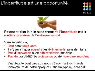 L’incertitude est une opportunité




 Poussant plus loin le raisonnement, l’incertitude est la
 matière première de l’entrepreneuriat.

 Sans incertitude,
 • Tout serait déjà écrit.
 • Il n’y aurait qu’à attendre les évènements sans rien faire.
 • Pas d’innovation ni de différenciation possible.
 • Pas de possibilité de croissance ou de nouveaux marchés.

   c’est tout le contraire que nous démontrent les grands
   innovateurs de notre époque: LinkedIn,Apple,Facebook, …
 