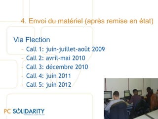 1. Appel à projetVia la Fondation Roi BaudouinCall 1: janvier à mars 2009Call 2: 3 septembre au 3 decembre 2009Call 3: 10 mars à 3 juin 2010Call 4: 29 novembre 2010 à 8 février 2011Call 5: septembre 2011 à novembre 2011
