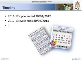 Timeline

     • 2011-12 cycle ended 30/04/2012
     • 2012-13 cycle ends 30/04/2013
     • …




pcs.rcsi.ie                             pcs@rcsi.ie
 