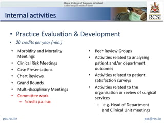 Internal activities

     • Practice Evaluation & Development
     • 20 credits per year (min.)
      • Morbidity and Mortality       • Peer Review Groups
        Meetings                      • Activities related to analysing
      • Clinical Risk Meetings          patient and/or department
      • Case Presentations              outcomes
      • Chart Reviews                 • Activities related to patient
      • Grand Rounds                    satisfaction surveys
      • Multi-disciplinary Meetings   • Activities related to the
                                        organisation or review of surgical
      • Committee work                  services
              – 5 credits p.a. max
                                         – e.g. Head of Department
                                            and Clinical Unit meetings
pcs.rcsi.ie                                                        pcs@rcsi.ie
 