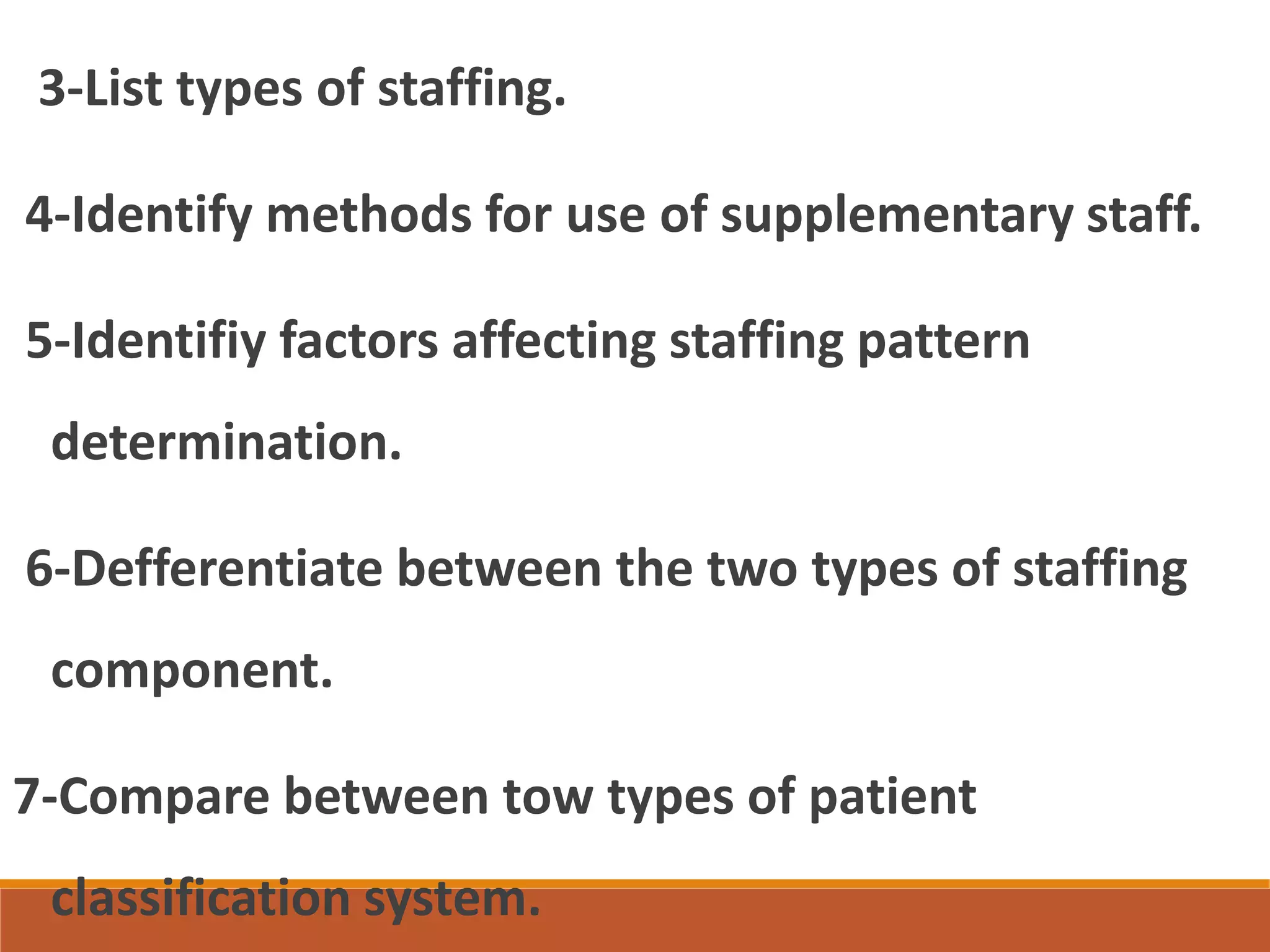 3-List types of staffing.
4-Identify methods for use of supplementary staff.
5-Identifiy factors affecting staffing pattern
determination.
6-Defferentiate between the two types of staffing
component.
7-Compare between tow types of patient
classification system.
 
