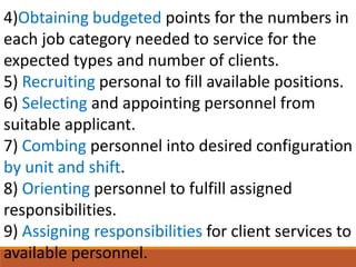 4)Obtaining budgeted points for the numbers in
each job category needed to service for the
expected types and number of clients.
5) Recruiting personal to fill available positions.
6) Selecting and appointing personnel from
suitable applicant.
7) Combing personnel into desired configuration
by unit and shift.
8) Orienting personnel to fulfill assigned
responsibilities.
9) Assigning responsibilities for client services to
available personnel.
 