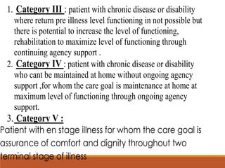 1. Category III : patient with chronic disease or disability
where return pre illness level functioning in not possible but
there is potential to increase the level of functioning,
rehabilitation to maximize level of functioning through
continuing agency support .
2. Category IV : patient with chronic disease or disability
who cant be maintained at home without ongoing agency
support ,for whom the care goal is maintenance at home at
maximum level of functioning through ongoing agency
support.
3. Category V :
Patient with en stage illness for whom the care goal is
assurance of comfort and dignity throughout two
terminal stage of illness
 