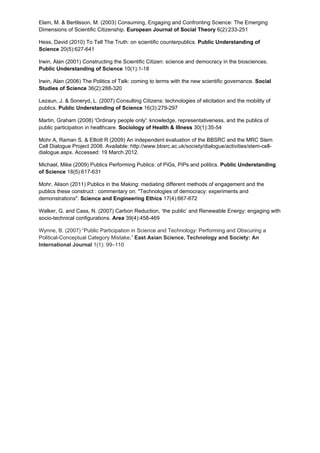Elam, M. & Bertilsson, M. (2003) Consuming, Engaging and Confronting Science: The Emerging
Dimensions of Scientific Citizenship. European Journal of Social Theory 6(2):233-251

Hess, David (2010) To Tell The Truth: on scientific counterpublics. Public Understanding of
Science 20(5):627-641

Irwin, Alan (2001) Constructing the Scientific Citizen: science and democracy in the biosciences.
Public Understanding of Science 10(1):1-18

Irwin, Alan (2006) The Politics of Talk: coming to terms with the new scientific governance. Social
Studies of Science 36(2):288-320

Lezaun, J. & Soneryd, L. (2007) Consulting Citizens: technologies of elicitation and the mobility of
publics. Public Understanding of Science 16(3):279-297

Martin, Graham (2008) 'Ordinary people only': knowledge, representativeness, and the publics of
public participation in healthcare. Sociology of Health & Illness 30(1):35-54

Mohr A, Raman S, & Elliott R (2009) An independent evaluation of the BBSRC and the MRC Stem
Cell Dialogue Project 2008. Available: http://www.bbsrc.ac.uk/society/dialogue/activities/stem-cell-
dialogue.aspx. Accessed: 19 March 2012.

Michael, Mike (2009) Publics Performing Publics: of PiGs, PiPs and politics. Public Understanding
of Science 18(5):617-631

Mohr, Alison (2011) Publics in the Making: mediating different methods of engagement and the
publics these construct : commentary on: "Technologies of democracy: experiments and
demonstrations". Science and Engineering Ethics 17(4):667-672

Walker, G. and Cass, N. (2007) Carbon Reduction, ‘the public’ and Renewable Energy: engaging with
socio-technical configurations. Area 39(4):458-469

Wynne, B. (2007) “Public Participation in Science and Technology: Performing and Obscuring a
Political-Conceptual Category Mistake,” East Asian Science, Technology and Society: An
International Journal 1(1): 99–110
 