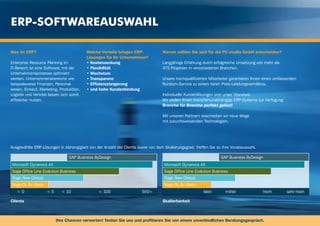 ERP-Softwareauswahl

Was ist ERP?                              Welche Vorteile bringen ERP-           Warum sollten Sie sich für die PC-studio GmbH entscheiden?
                                          Lösungen für Ihr Unternehmen?
Enterprise Resource Planning im           • Kostensenkung                        Langjährige Erfahrung durch erfolgreiche Umsetzung von mehr als
IT-Bereich ist eine Software, mit der     • Flexibilität                         475 Projekten in verschiedenen Branchen.
Unternehmensprozesse optimiert            • Wachstum
werden. Unternehmensbereiche wie          • Transparenz                          Unsere hochqualifizierten Mitarbeiter garantieren Ihnen einen umfassenden
beispielsweise Finanzen, Personal-        • Effizienzsteigerung                  Rundum-Service zu einem fairen Preis-Leistungsverhältnis.
wesen, Einkauf, Marketing, Produktion,    • und hohe Kundenbindung
Logistik und Vertrieb lassen sich somit                                          Individuelle Kundenlösungen sind unser Standard.
effizienter nutzen.                                                              Wir stellen Ihnen branchenunabhängige ERP-Systeme zur Verfügung:
                                                                                 Branche für Branche perfekt gelöst!

                                                                                 Mit unseren Partnern beschreiten wir neue Wege
                                                                                 mit zukunftsweisenden Technologien.




Ausgewählte ERP-Lösungen in Abhängigkeit von der Anzahl der Clients sowie von dem Skalierungsgrad. Treffen Sie so Ihre Vorabauswahl.

                                SAP Business ByDesign                                                            SAP Business ByDesign
Microsoft Dynamics AX                                                             Microsoft Dynamics AX
Sage Office Line Evolution Business                                               Sage Office Line Evolution Business
Sage New Classic                                                                  Sage New Classic
Sage OL Ev. Basic                                                                 Sage OL Ev. Basic
   <0               <5      < 10               < 100                  500+                             klein       mittel                hoch       sehr hoch

Clients                                                                          Skalierbarkeit



                         Ihre Chancen verwerten! Testen Sie uns und profitieren Sie von einem unverbindlichen Beratungsgespräch.
 