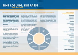 Eine lösung, die passt
                       Sage New Classic


Die Sage New Classic – eine betriebswirtschaftliche Komplettlösung, die schnell einsatzfähig und bezahlbar ist.                               Module für unentbehrliche
                                                                                                                               Basisfunktionen, für spezifische Aufgaben
                                                                                                                                  sowie Branchen- und Speziallösungen.

Kleine oder mittelständische Unter-        Sie kennen Ihr Unternehmen und Ihre       Entscheiden Sie selbst, welche Funk-                            Rechnungswesen
                                                                                                                                                      Finanzbuchhaltung
nehmen haben völlig andere Anford-         Anforderungen an eine betriebswirt-       tionen Sie für Ihr Unternehmen benö-                           Anlagenbuchhaltung
erungen an eine betriebswirtschaft-        schaftliche Software am besten. Und       tigen und mit wie vielen Arbeitsplätzen                             Kostenrechnung
                                                                                                                                                        Obligoverwaltung
liche Software als große Firmen.           Sie erwarten, dass Ihre Software genau    Sie diese nutzen wollen. Durch das                     Budgetplanung und -kontrolle
                                                                                                                                                              Controlling
Diese speziellen Anforderungen             zu Ihrem Unternehmen passt. Bei           transparente, modulspezifische Preis-
                                                                                                                                                         Lohn & Gehalt
lassen sich in Sage New Classic            der New Classic stehen Ihnen neben        system haben Sie die volle Kontrolle                             Entgeltabrechnung
effizient abbilden und einfach             umfangreichen Standardmodulen – von       über Ihre Investition.                                       Bescheinigungswesen
                                                                                                                                                 Reisekostenabrechnung
handhaben.                                 Auftragsbearbeitung bis Zahlungsver-                                                                            Zeiterfassung
                                                                                                                                                               dakota.ag
                                           kehr – auch Branchen- und Spezi-                                                                                       ELENA
Als praxisnahes und anwenderfreund-        allösungen zur Verfügung.                                                                                   Warenwirtschaft
liches Produkt ist Sage New Classic        Alles lässt sich exakt                                                                                    Auftragsbearbeitung
                                                                                                                                                             Bestellwesen
bekannt für Klarheit, Effizienz und Pla-   auf Ihre individuel-       Integrierte                                                                          Lagerwirtschaft
                                                                                                                                                         Rahmenaufträge
nungssicherheit.                           len Bedürfnisse            Business             Sage                                                      Vertreterabrechnung
                                                                      Intelligence         CRM                                      Elektronischer Dokumentenaustausch
                                           zuschneiden.
Die Sage New Classic unterstützt                                                                                                                              Produktion
                                                                                                                                                               Kalkulation
Unternehmen aller Branchen bei ihren                                                                                                              Betriebsdatenerfassung
                                                                                                                                                        Kapazitätsplanung
betriebswirtschaftlichen Aufgaben.                                                                                                                             Disposition
                                                                                                                                                       Grafische Plantafel
Selbstverständlich entwickelt sich die                                                                                                                    Fremdfertigung
Software kontinuierlich weiter.                            Waren-                                  Rechnungs-
                                                           wirtschaft                              wesen                          Customer Relationship Management
                                                                                                                                    Je nach Anforderungen frei skalierbar
                                                                                                                                                   Kundenmanagement
Sie wird ständig allen gesetzlichen                                                                                                               Vertriebsmanagement
                                                                                                                                                   Supportmanagement
Änderungen angepasst und zeichnet                                                                                                                     Aktivitätenplanung
sich durch regelmäßige Updates und                                                                                                                       Umsatzplanung

Services als eine Lösung aus, auf die                                                                                                Integrierte Business Intelligence
                                                                                                                                    Tiefe, mehrdimensionale Auswertung
Sie sich verlassen können, heute wie                                    Produktion    Lohn & Gehalt                                                       Flexibles Rating
                                                                                                                                                              Kennzahlen
morgen.                                                                                                                           Über 100 vorgefertigte Berichtsvorlagen

                                                                                                                                       Branchen- und Speziallösungen
 