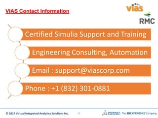© 2017 Virtual Integrated Analytics Solutions Inc.
VIAS Contact Information
Certified Simulia Support and Training
Engineering Consulting, Automation
Email : support@viascorp.com
Phone : +1 (832) 301-0881
33
 