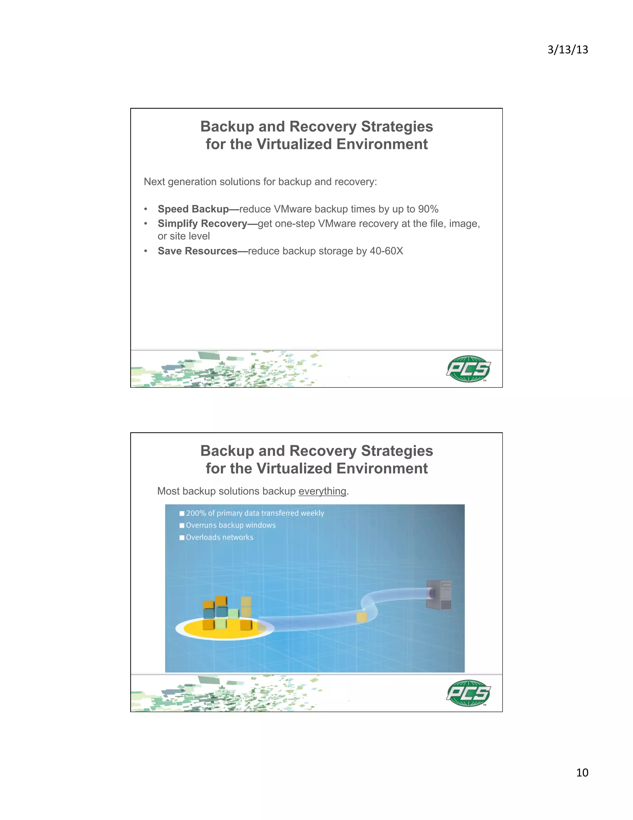 3/13/13	
  




            Backup and Recovery Strategies
             for the Virtualized Environment

Next generation solutions for backup and recovery:

•  Speed Backup—reduce VMware backup times by up to 90%
•  Simplify Recovery—get one-step VMware recovery at the file, image,
   or site level
•  Save Resources—reduce backup storage by 40-60X




            Backup and Recovery Strategies
             for the Virtualized Environment
  Most backup solutions backup everything.




                                                                               10	
  
 