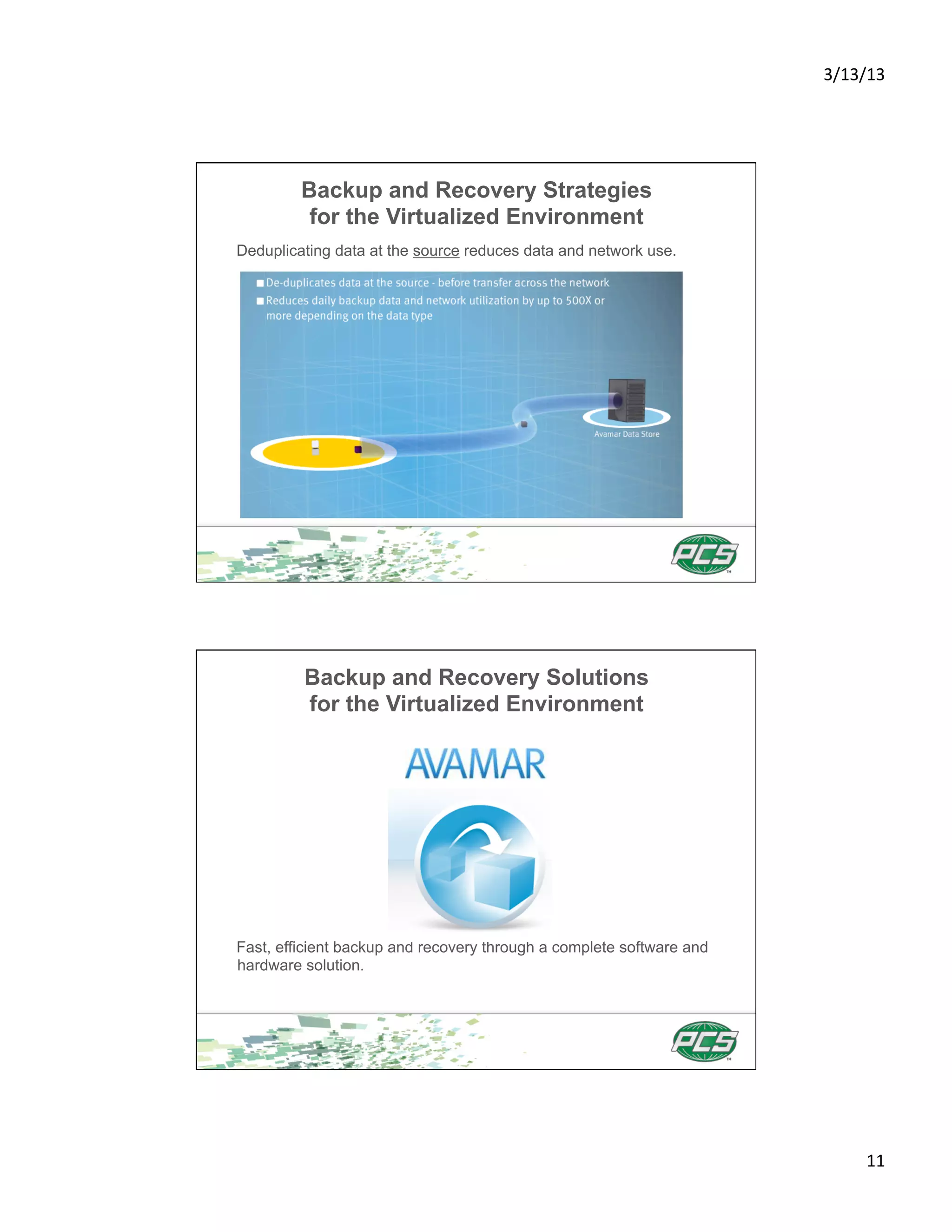 3/13/13	
  




         Backup and Recovery Strategies
          for the Virtualized Environment
Deduplicating data at the source reduces data and network use.




         Backup and Recovery Solutions
         for the Virtualized Environment




Fast, efficient backup and recovery through a complete software and
hardware solution.




                                                                             11	
  
 