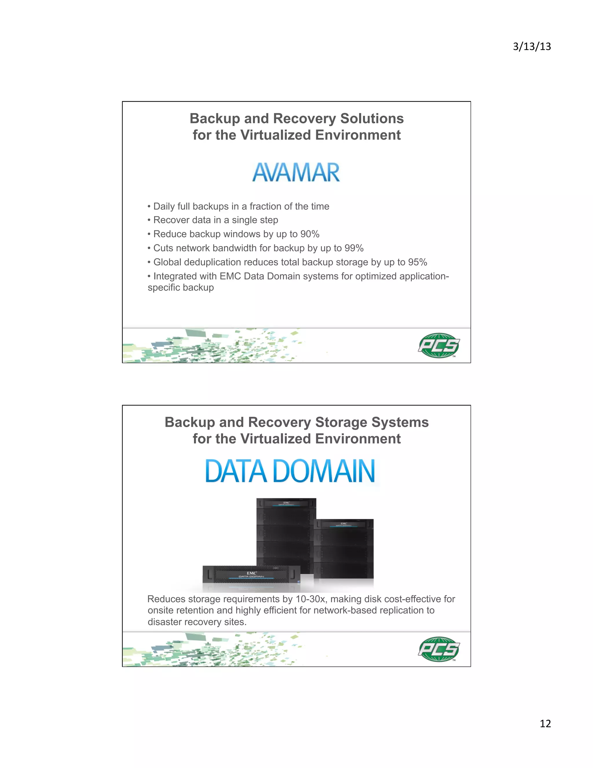 3/13/13	
  




         Backup and Recovery Solutions
         for the Virtualized Environment



•  Daily full backups in a fraction of the time
•  Recover data in a single step
•  Reduce backup windows by up to 90%
•  Cuts network bandwidth for backup by up to 99%
•  Global deduplication reduces total backup storage by up to 95%
•  Integrated with EMC Data Domain systems for optimized application-
specific backup




   Backup and Recovery Storage Systems
      for the Virtualized Environment




Reduces storage requirements by 10-30x, making disk cost-effective for
onsite retention and highly efficient for network-based replication to
disaster recovery sites.




                                                                                12	
  
 