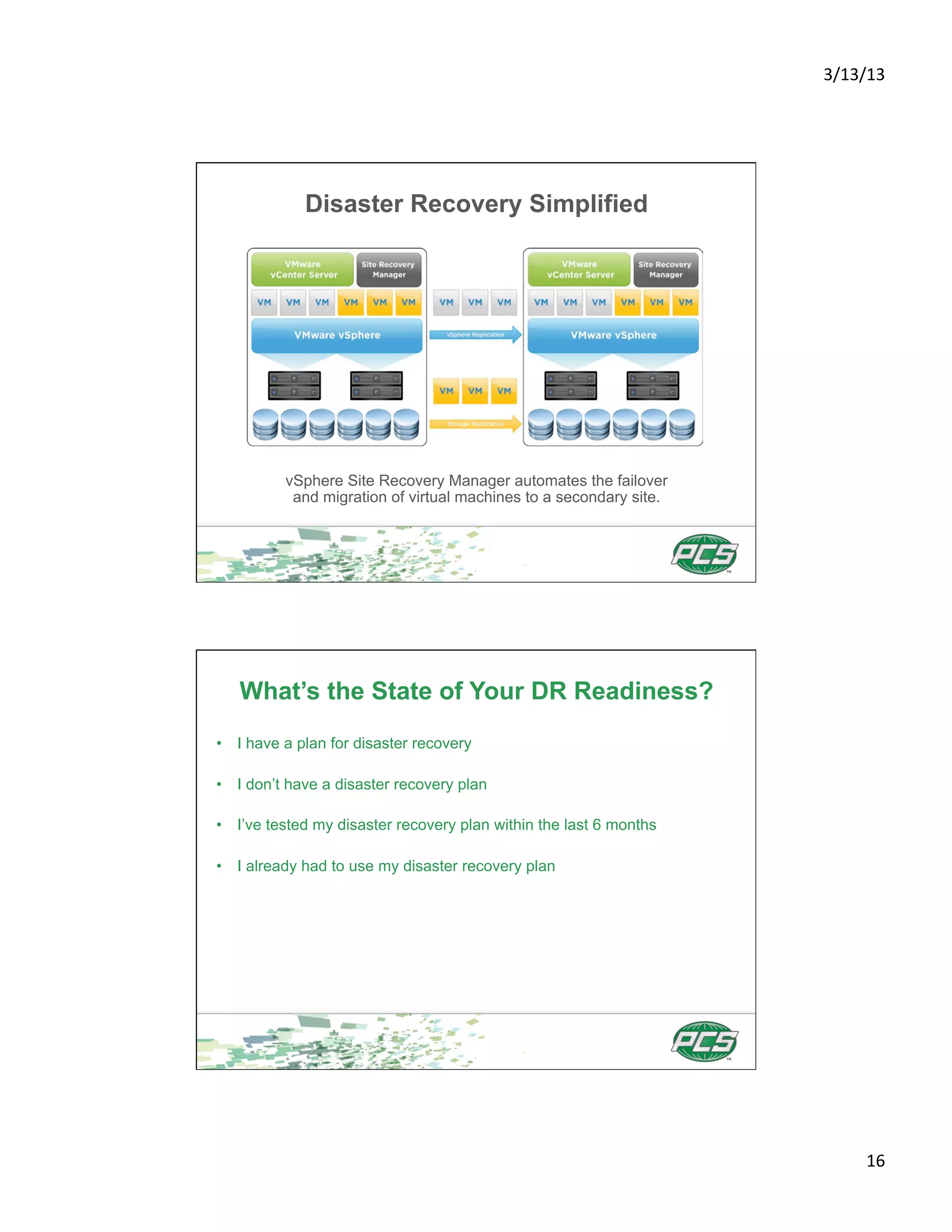 3/13/13	
  




             Disaster Recovery Simplified




          vSphere Site Recovery Manager automates the failover
           and migration of virtual machines to a secondary site.




   What’s the State of Your DR Readiness?
•  I have a plan for disaster recovery

•  I don’t have a disaster recovery plan

•  I’ve tested my disaster recovery plan within the last 6 months

•  I already had to use my disaster recovery plan




                                                                           16	
  
 