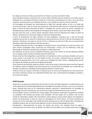 Sala Amarela
                                                                                                                  Projeto Curricular de Turma
                                                                                                                               2011/2012




               Em relação ao número de irmãos, seis alunos têm um irmão e os outros onze não têm irmãos.
               Estes indicadores revelam, juntamente com os outros dados recolhidos (anos de residência no Concelho, tipo de
               habitação, etc.), a prevalência de famílias nucleares, na maior parte constituídas por pai, mãe e um ou dois filhos,
               residentes, maioritariamente nas imediações da escola, e com ascendência cultural ou social no Concelho.
               Os Encarregados de Educação são maioritariamente as Mães (14), existindo apenas um Pai e um Irmão que
               assumem essa função. Todas as crianças que frequentam a Sala Amarela estão inscritas na Componente Social de
               Apoio à Família da Câmara Municipal de Mafra. A totalidade dos inscritos usufrui do serviço constituído por
               Refeição (almoço) e apenas 4 das atividades de Prolongamento de Horário, a partir das 15.30h e até às 19.00h.
               Na maior parte dos casos, os alunos utilizam transporte escolar (Junta de Freguesia) para chegar ao jardim de
               infância, sendo apenas 4 os alunos que chegam à escola em transporte próprio.
               A partir do levantamento de dados constante nas fichas biográficas, constata‐se que o nível de formação
               académica dos pais (de um total de 32 referências) é maioritariamente ao nível do 3º Ciclo do Ensino Básico (12),
               havendo 7 referências a formação ao nível do 2º Ciclo, 4 referências ao nível do 1º CEB, cinco ao nível do Ensino
               Secundário e duas mães que possuem nível de Licenciatura.
               A atividade profissional dos Pais e encarregados de educação situa‐se, essencialmente ao nível dos serviços e do
               setor primário (Empregados fabris, Construção civil, Restauração e serviço, com 29 referências), sendo que
               desemprego (1 referência) e domésticas (2), completam os dados disponíveis.
               Das referências ao tipo de vínculo à atividade profissional, apenas oito referem ter vínculos definitivos (efetivo)
               com o emprego, sendo a maioria contratado a prazo (19 referências)
               Através ainda das fichas biográficas, é possível fazer um levantamento sobre as principais atividades com que os
               alunos ocupam o seu tempo livre. Os seus hábitos de lazer, de convívio e diversão situam‐se, sobretudo, nas
               atividades de expressão física e de ar livre, sendo que as atividades de calma (“leitura”, audição/prática musical,
               etc.) apenas são referidas por quatro encarregados de educação.
               Como síntese de caracterização, podemos assinalar o facto de que sendo a maioria dos alunos natural da freguesia
               de residência, existe uma ligação sociocultural intensa com as características da localidade, que é observada, por
               exemplo, nas dinâmicas e estratégias de participação das famílias na vida da escola.
               Tendo em conta que o grupo é constituído, em grande parte, por alunos que frequentaram já a Sala Amarela em
               anos letivos anteriores, permite uma adequação facilitada, bem como a continuação de estratégias já avaliadas e
               de sucesso para o grupo.



               Perfil do grupo
               Apesar de ser um grupo novo (média etária de 3,8 anos), com base nos dados disponíveis e correlacionado‐os com
               a informação pontual e oficiosa disponibilizada por encarregados de educação e famílias, é de crer que a coesão do
               grupo, reforçado pelo facto de ser relativamente pequeno, potenciará o desenvolvimento de estratégias de
               aprendizagem funcional e de pesquisa, que aumentará os espaços de desenvolvimento social e humano.
               De forma global, o grupo é constituído por crianças alegres, bem-dispostas, interessadas, que gostam de colaborar
               nas atividades e têm iniciativa para propor outras atividades. Têm boa relação com os adultos e têm um bom
               sentido de colaboração e partilha. São conversadores, embora algumas crianças revelem alguma incomodidade na
               partilha em grande grupo. O facto de o grupo ser heterogéneo em termos etários, com maior prevalência de
               crianças com 3 anos, pressupõe muita atenção do adulto educador quer ao nível do apoio direto à realização das
               atividades escolares, quer ao nível do apoio cognitivo e social ou mesmo de aprendizagem funcional.
               Considerando o desenvolvimento do grupo, nos aspetos que versem uma aceitação formal de regras e
               comportamentos de convívio social, de partilha e de valores de comunidade, será necessário desenvolver tarefas


12 EB1+JI S. Miguel
 