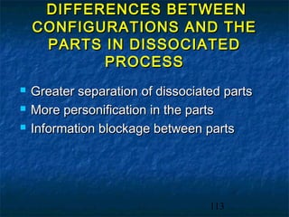 DIFFERENCES BETWEEN
    CONFIGURATIONS AND THE
     PARTS IN DISSOCIATED
           PROCESS
   Greater separation of dissociated parts
   More personification in the parts
   Information blockage between parts




                                   113
 