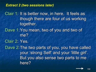 Extract 2 (two sessions later)

Clair 1: It is better now, in here. It feels as
         though there are four of us working
         together.
Dave 1: You mean, two of you and two of
         me?
Clair 2: Yes.
Dave 2: The two parts of you, you have called
         your ‘strong Self’ and your ‘little girl’.
         But you also sense two parts to me
         here?
                                                159
 