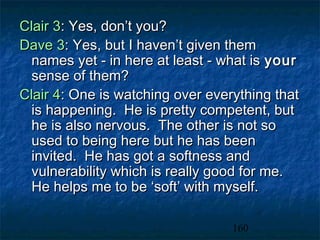 Clair 3: Yes, don’t you?
Dave 3: Yes, but I haven’t given them
  names yet - in here at least - what is your
  sense of them?
Clair 4: One is watching over everything that
  is happening. He is pretty competent, but
  he is also nervous. The other is not so
  used to being here but he has been
  invited. He has got a softness and
  vulnerability which is really good for me.
  He helps me to be ‘soft’ with myself.

                                  160
 