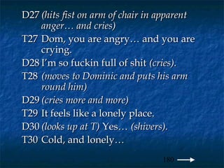 D27 (hits fist on arm of chair in apparent
    anger… and cries)
T27 Dom, you are angry… and you are
    crying.
D28 I’m so fuckin full of shit (cries).
T28 (moves to Dominic and puts his arm
    round him)
D29 (cries more and more)
T29 It feels like a lonely place.
D30 (looks up at T) Yes… (shivers).
T30 Cold, and lonely…
                                  180
 