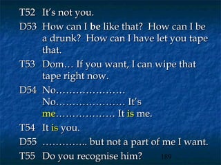 T52 It’s not you.
D53 How can I be like that? How can I be
    a drunk? How can I have let you tape
    that.
T53 Dom… If you want, I can wipe that
    tape right now.
D54 No…………………
    No………………… It’s
    me……………… It is me.
T54 It is you.
D55 ………….. but not a part of me I want.
T55 Do you recognise him?     189
 