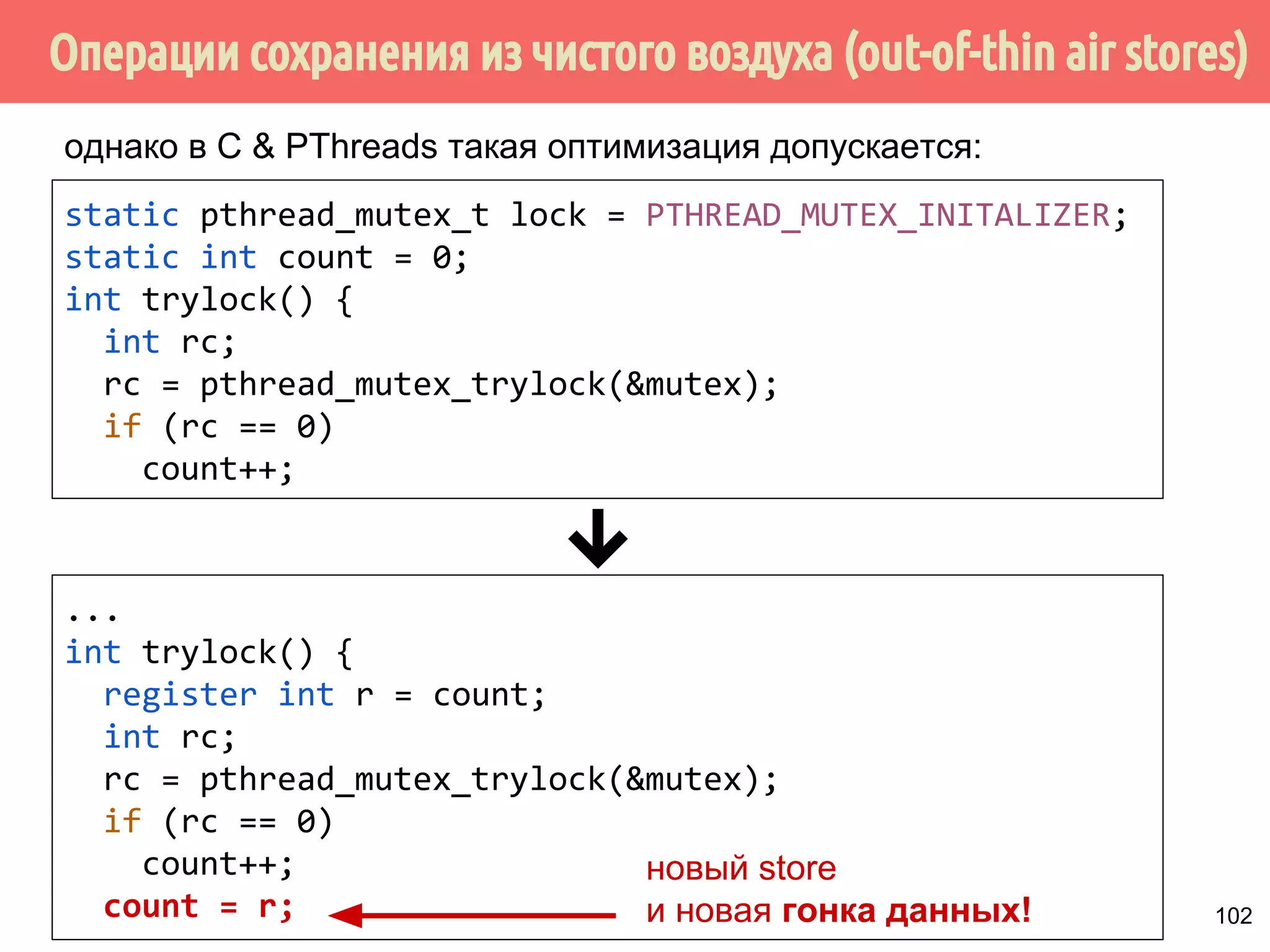 Поток 1 
int data; 
bool isReleased = false; 
void releaseData(int val) 
{ 
data = val; 
isReleased = true; 
} 
Поток 2 
void utilizeData() 
{ 
while (!isReleased); 
doSomething(data); 
} 
1. Данные проициализированы 
2. Ура! Второй поток может 
обрабатывать 
93 
 
