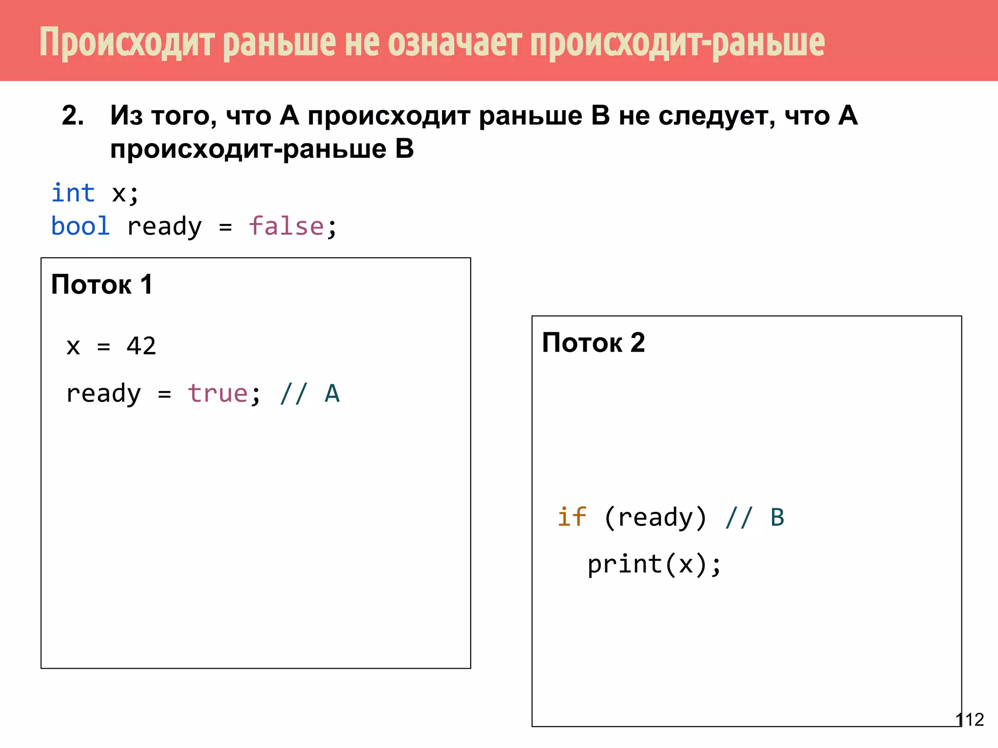 Поток 1 
int data; 
bool isReleased = false; 
void releaseData(int val) 
{ 
data = val; 
isReleased = true; 
} 
Поток 2 
void utilizeData() 
{ 
while (!isReleased); 
doSomething(data); 
} 
98 
 