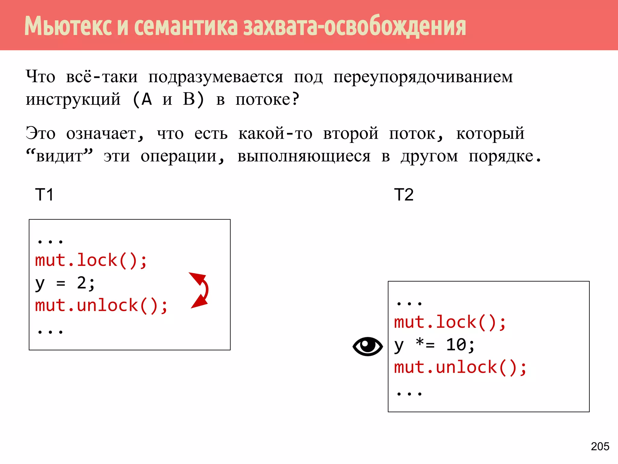 ˢ˶˽˱˾̃˹˻˱˸˱̆˳˱̃˿̂˳˿˲˿˷˵˶˾˹˶˾˱̀́˹˽˶́˶̂̀̄˲˼˹˻˱̇˹˶˺ 
Synchronizes-with 
Поток 2 
void useWidget() { 
while (!ready.load( 
memory_order_acquire)) 
{} 
s1 = to_string(w); 
s2 = number  + s1; 
print(s2); 
} 
int x, y, z; 
bool ready = false; 
Поток 1 
void initWidget(x, y, z) { 
x = 10 
y = x + 20; 
z = x + 12; 
ready.store(true, 
memory_order_release); 
} 
Синхронизируется-с 
175 
 