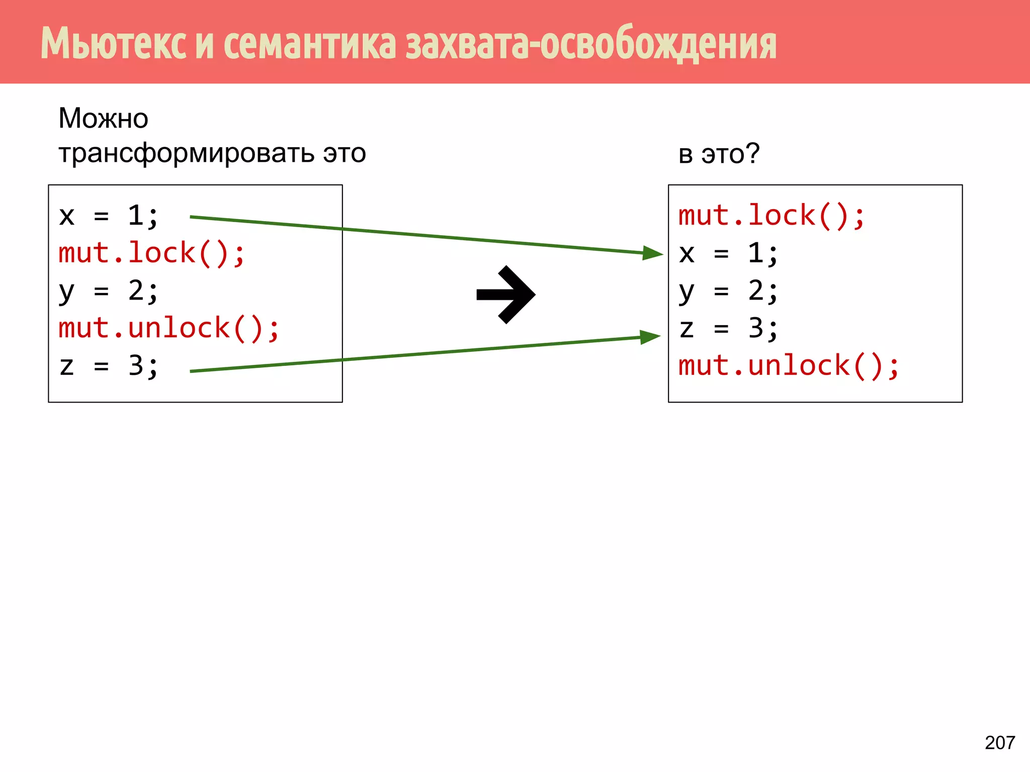 ˘˱̆˳˱̃˹˿̂˳˿˲˿˷˵˶˾˹˶˳ˢ 
std::memory_order_acquire 
▪ Применяется к операциям чтения или чтения- 
модификации-записи: load, compare_exchange, 
fetch_add, fetch_or, etc. 
▫ x.load(std::memory_order_acquire); 
▫ compare_exchange_weak(x, y, 
std::memory_order_acquire); 
▪ Применяется к операциям записи или чтения- 
модификации-записи: store, operator=, load, 
compare_exchange, fetch_add, fetch_or, etc 
▫ x.store(42, std::memory_order_release); 
▫ compare_exchange_weak(x, y, 
std::memory_order_release); 
std::memory_order_release 177 
 