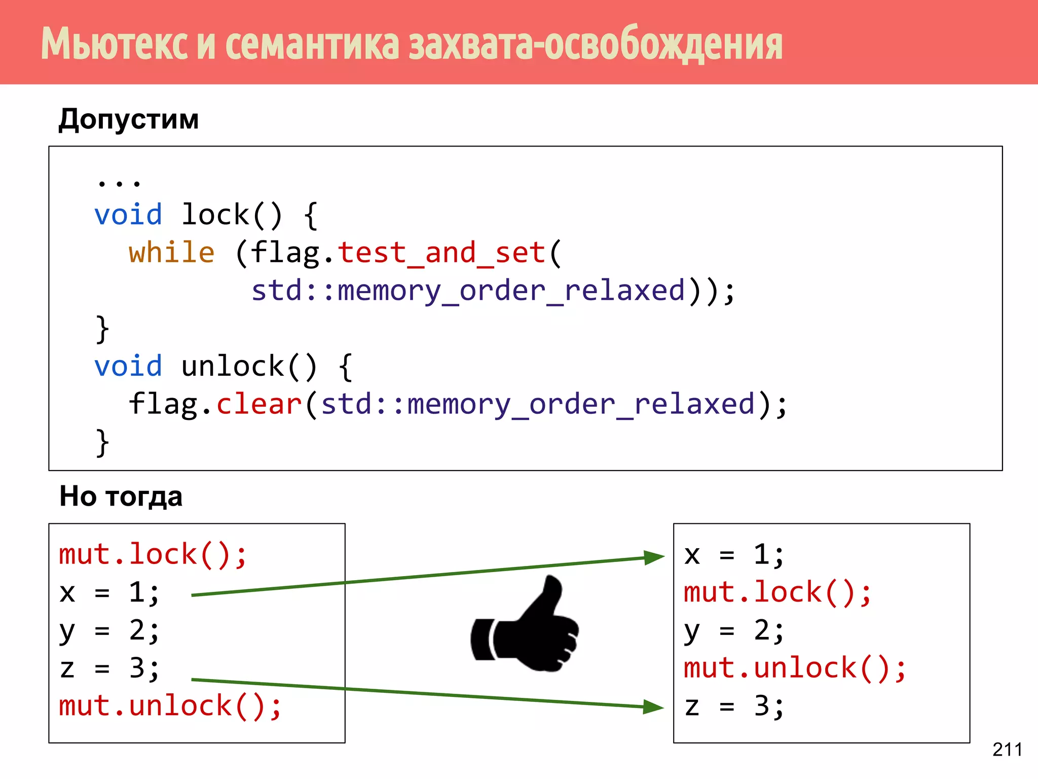 Отношение syncrhonized-with более сильное по сравнению с happens-before, 
т.е.: 
synchronizes-with ⟶ happens-before 
179 
 
