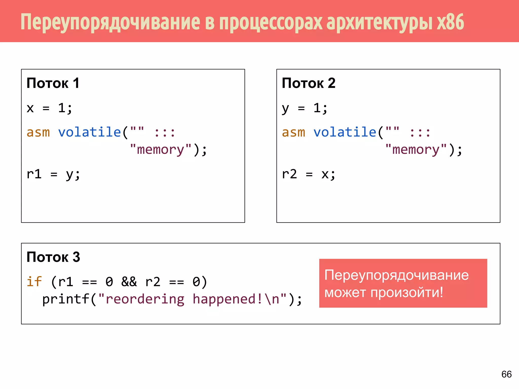 ˠ˶́˶̄̀˿́̐˵˿̈˹˳˱˾˹˶˳̀́˿̇˶̂̂˿́˱̆˱́̆˹̃˶˻̃̄́̌[ 
более сильное упорядочивание 
(strong model, sequential consistency) 
IBM Blue Gene 
Смартфоны 
DEC Alpha 
Xbo￼x 360 
PowerPC 
ARM 
x86 / 64 
SPARC TSO 
более слабое упорядочивание 
(weak model, relaxed ordering) 
Как правило сильное 
упорядочивание 
Ослабленное упорядочивание 
с поддержкой зависимостей 
по данным 
Вполне 
ослабленное 
упорядочивание 
PowerMac 
61 
 