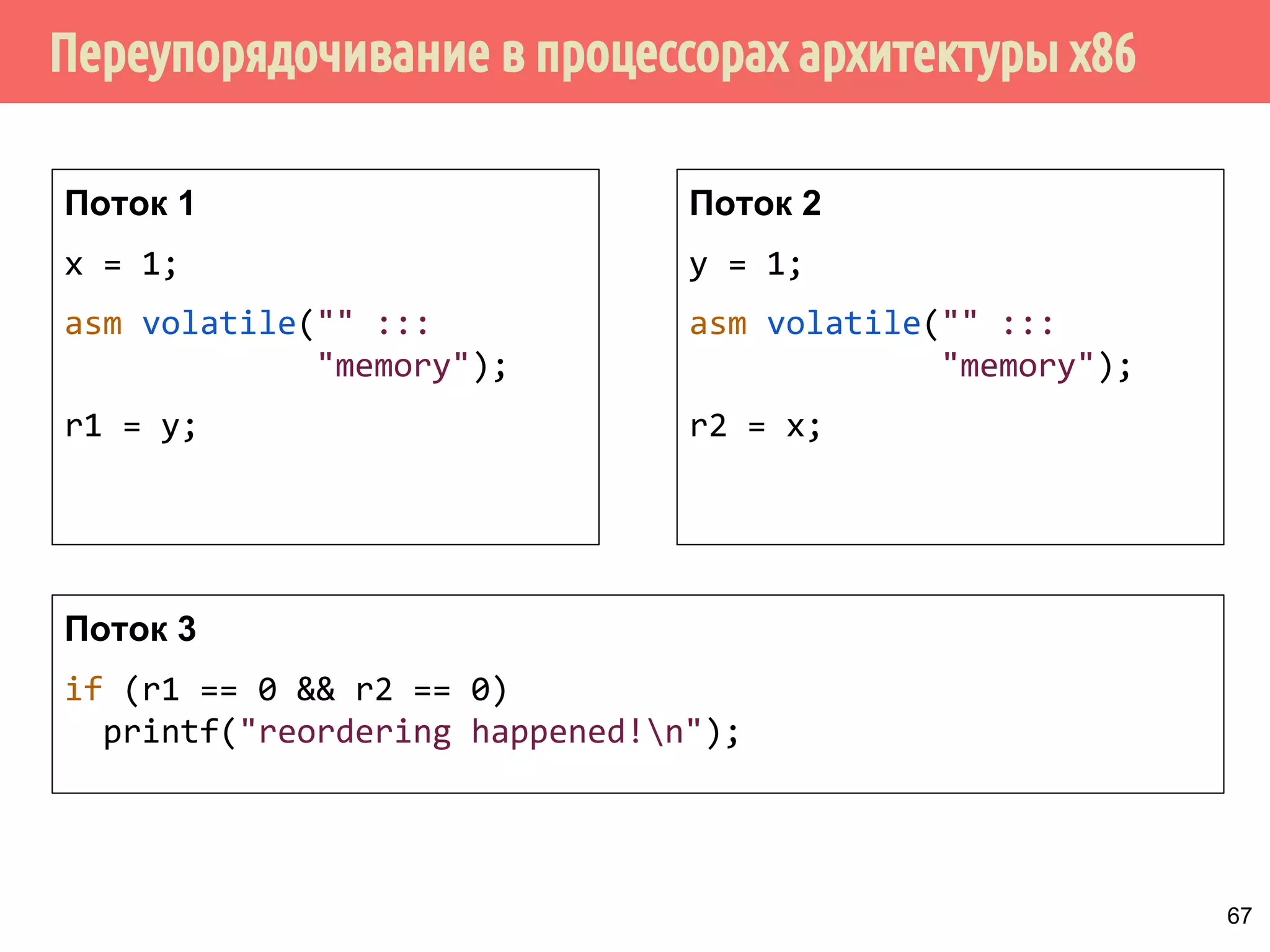 ˠ˶́˶̄̀˿́̐˵˿̈˹˳˱˾˹˶˳̀́˿̇˶̂̂˿́˱̆˱́̆˹̃˶˻̃̄́̌[ 
Intel Architectures Software Developer’s Manual, Vol. 3: 
▪ Операции чтения не могут быть переупорядочены с другими 
операциями чтения 
▪ Операции записи не могут быть переупорядочены с другими 
операциями записями 
▪ Операции записи не могут быть переупорядочены с другими 
операциями записи, кроме следующих исключений: … 
▪ Операции чтения могут быть переупорядочены с более 
старыми операциями записи в другие области памяти, 
но не с операциями записи в ту же область. 
▪ Операции чтения не могут перейти раньше инструкций LFENCE, 
MFENCE, операции записи - раньше инструкций LFENCE, 
SFENCE, MFENCE. 
▪ LFENCE, SFENCE, MFENCE не могут выполниться раньше 
операций чтения, записи, того или другого соответственно. 
62 
 