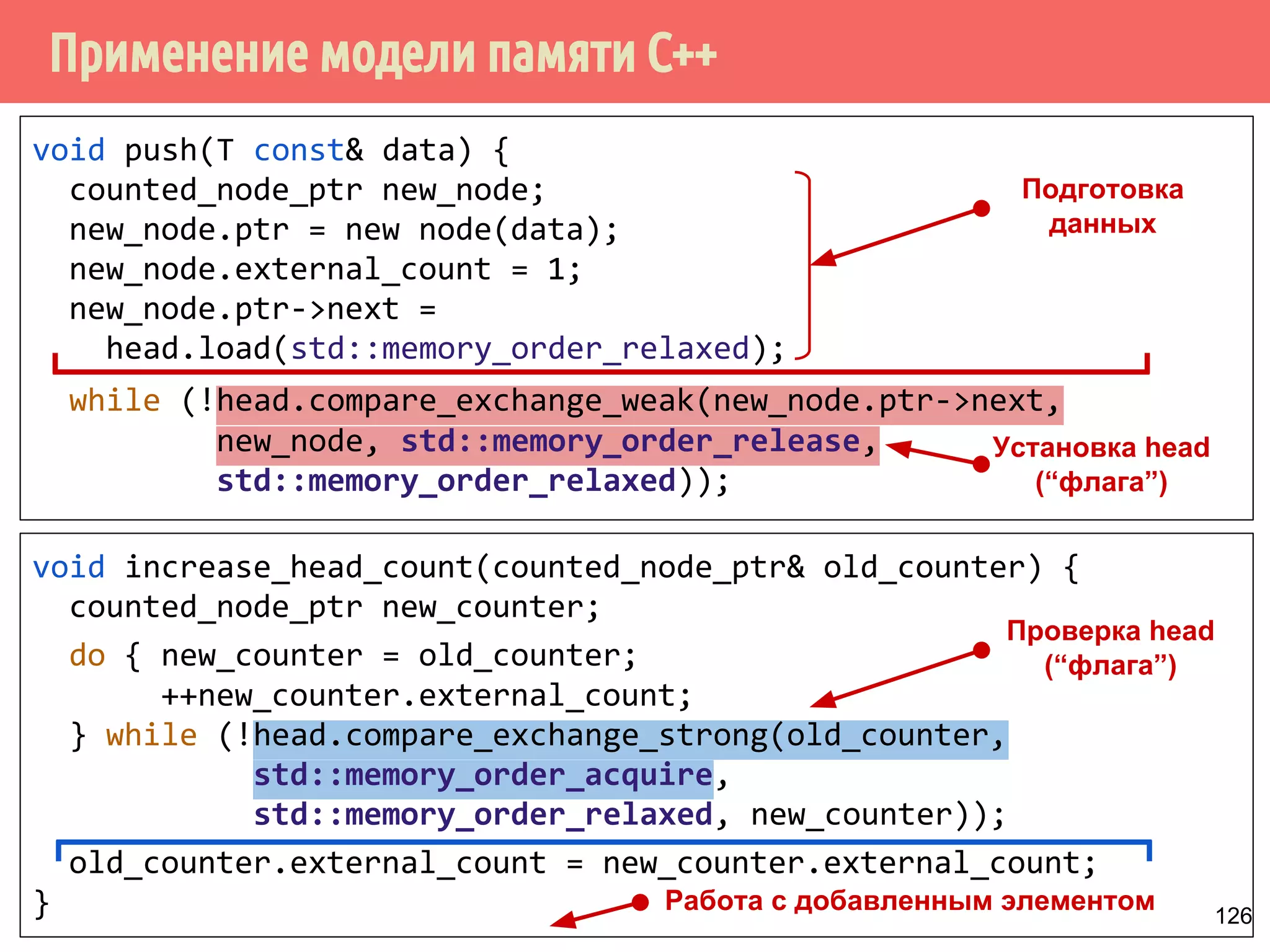 Применение модели памяти С++
126
void push(T const& data) {
counted_node_ptr new_node;
new_node.ptr = new node(data);
new_node.external_count = 1;
new_node.ptr->next =
head.load(std::memory_order_relaxed);
while (!head.compare_exchange_weak(new_node.ptr->next,
new_node, std::memory_order_release,
std::memory_order_relaxed));
void increase_head_count(counted_node_ptr& old_counter) {
counted_node_ptr new_counter;
do { new_counter = old_counter;
++new_counter.external_count;
} while (!head.compare_exchange_strong(old_counter,
std::memory_order_acquire,
std::memory_order_relaxed, new_counter));
old_counter.external_count = new_counter.external_count;
}
Подготовка
данных
Установка head
(“флага”)
Работа с добавленным элементом
Проверка head
(“флага”)
 