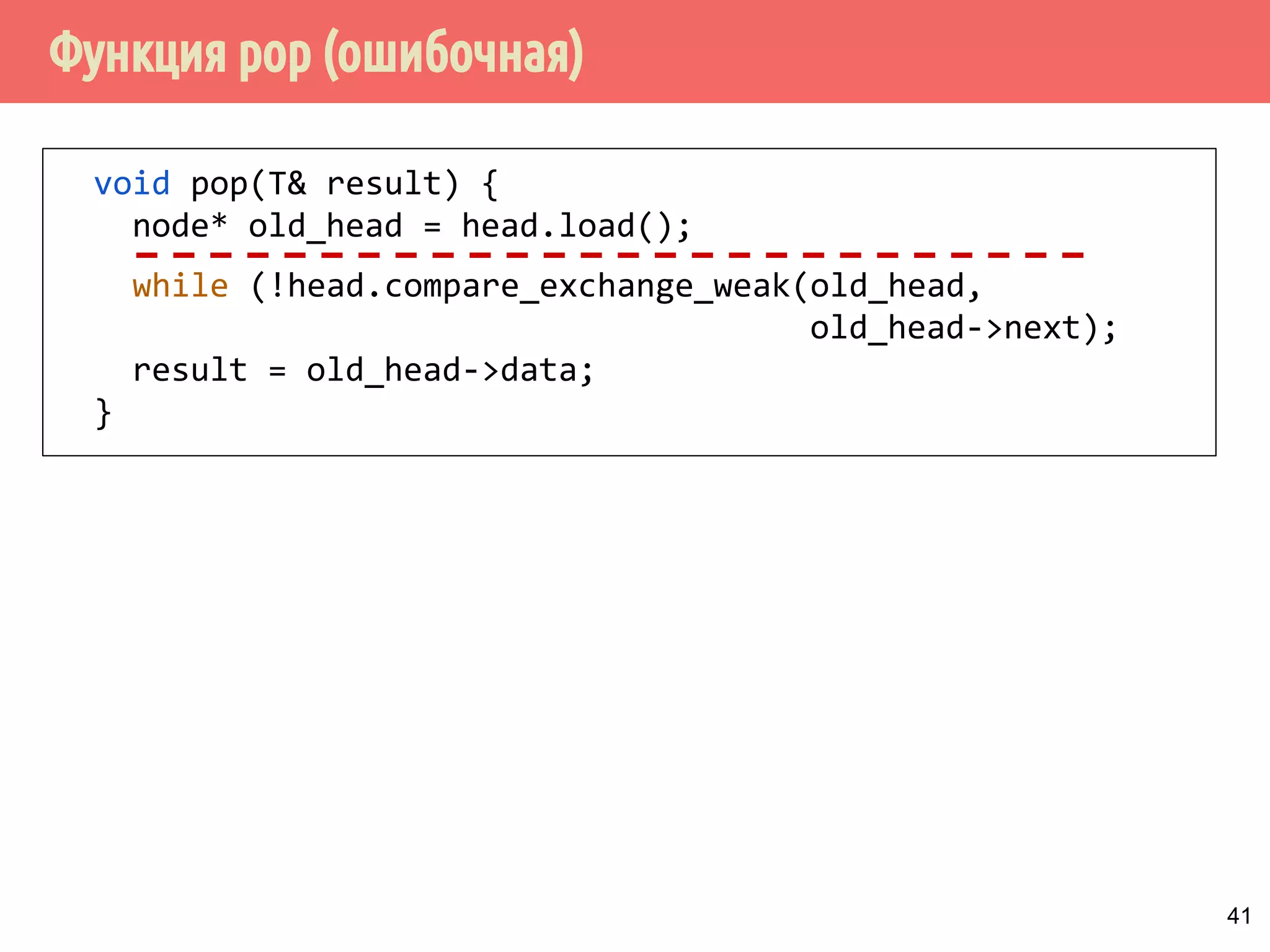 Функция pop (ошибочная)
41
void pop(T& result) {
node* old_head = head.load();
while (!head.compare_exchange_weak(old_head,
old_head->next);
result = old_head->data;
}
 